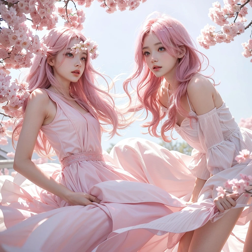 Light pink hair, pink eyes, pink and white, sakura leafs, vivid colors, white dress, paint splash, simple background, ray tracing, wavy hair