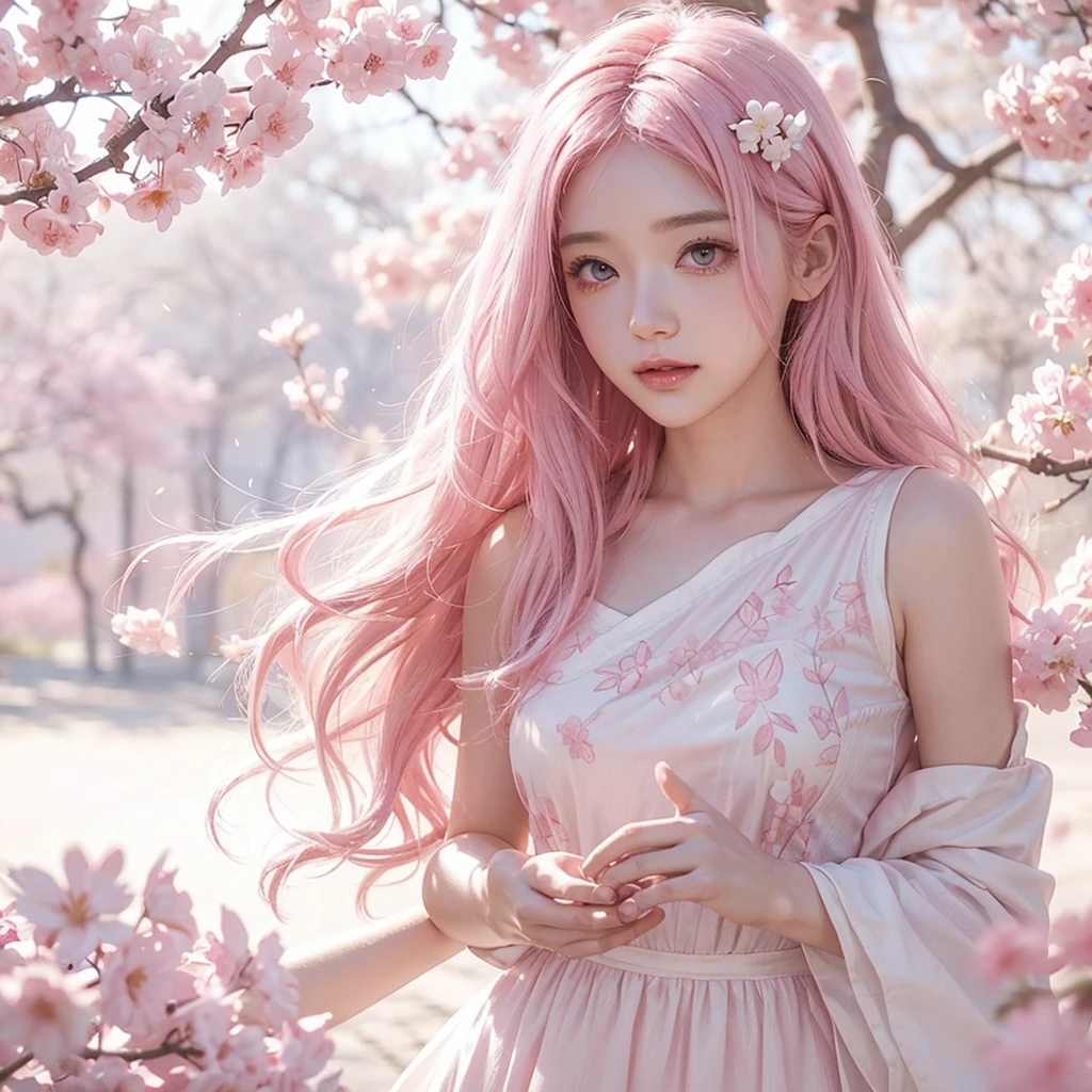 Light pink hair, pink eyes, pink and white, sakura leafs, vivid colors, white dress, paint splash, simple background, ray tracing, wavy hair