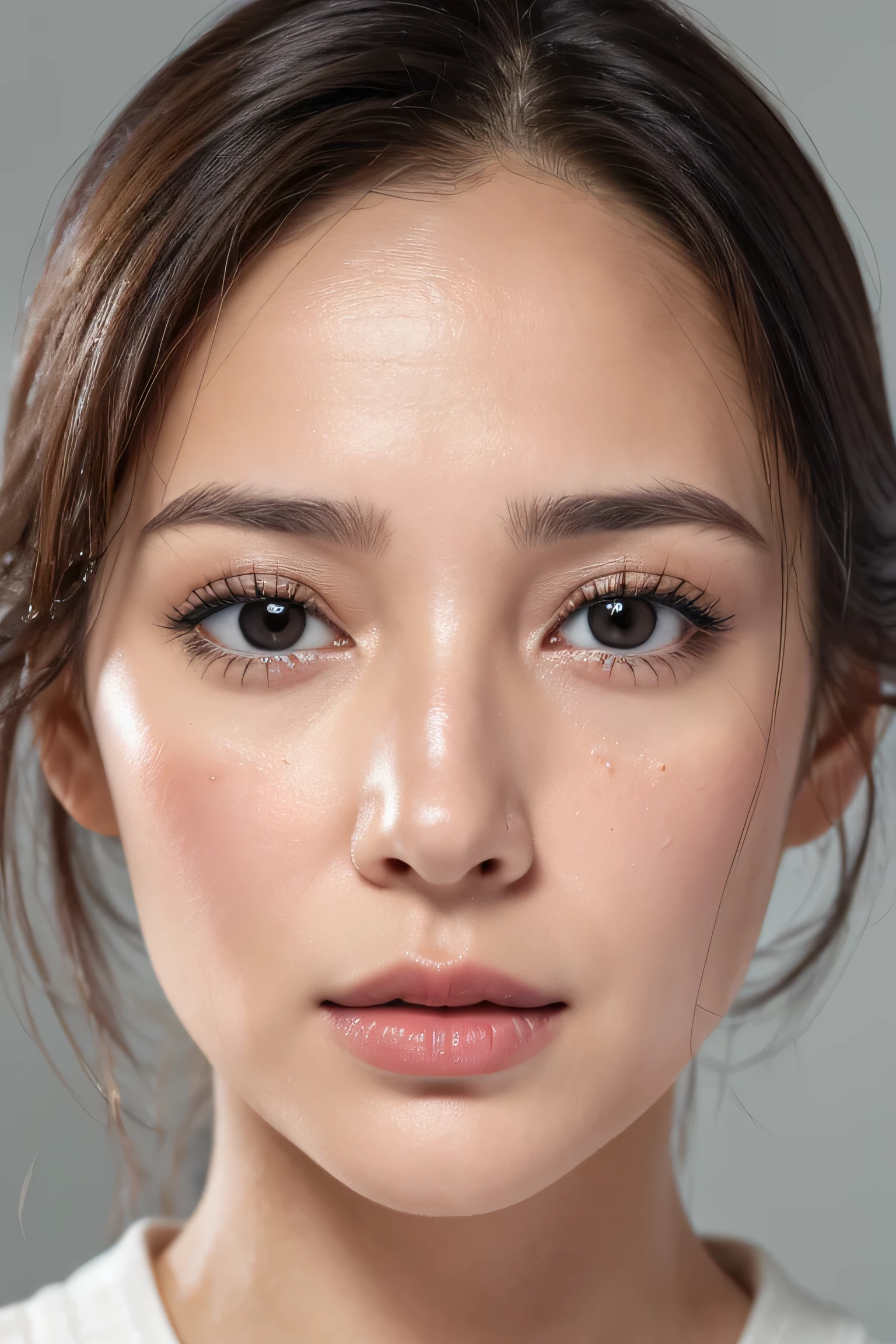 一人のwomanの画像,、close up of face、smooth skin、masterpiece、highest quality、8K photo、please open your mouth a little、(wrinkles around the eyes:1.2),woman, 35 years old、中年woman、Keep your face close to your audience、wet lips、sleepy eye look、melancholy look、kiss pov,