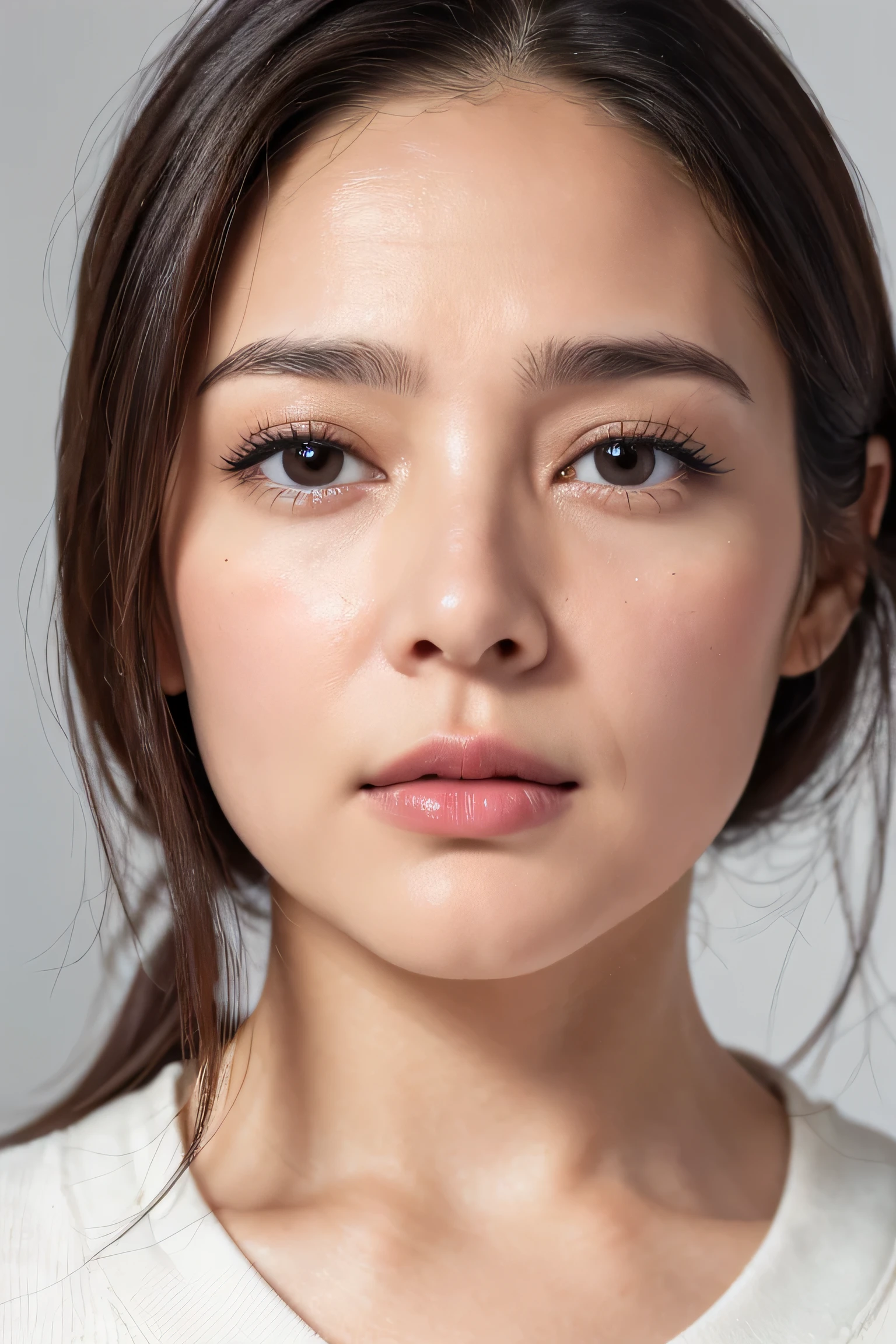 一人のwomanの画像,、close up of face、smooth skin、masterpiece、highest quality、8K photo、please open your mouth a little、(wrinkles around the eyes:1.2),woman, 35 years old、中年woman、Keep your face close to your audience、wet lips、sleepy eye look、melancholy look、kiss pov,