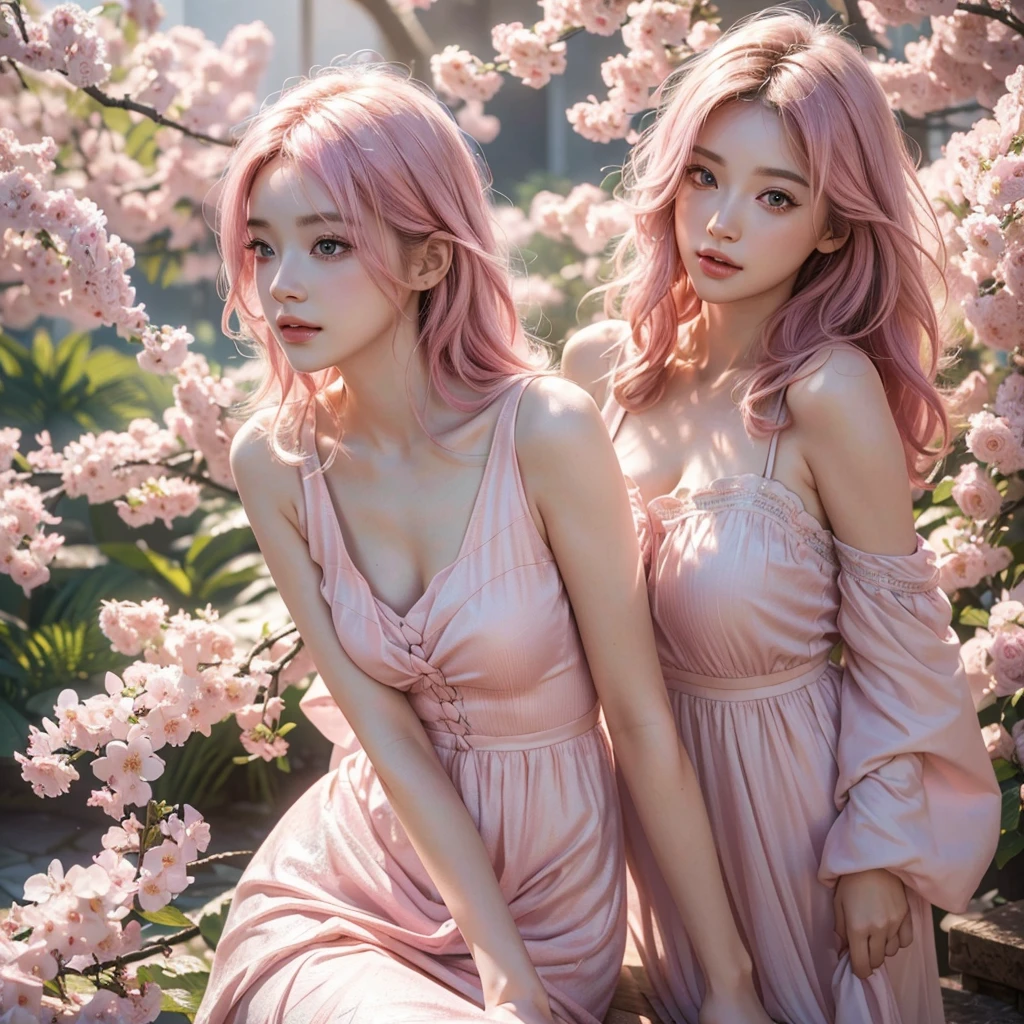 (best quality,4k,8k,highres,masterpiece:1.2),ultra-detailed,(realistic,photorealistic,photo-realistic:1.37),vivid colors,sakura leafs,light pink hair,pink eyes,white dress,wavy hair,paint splash,simple background,ray tracing