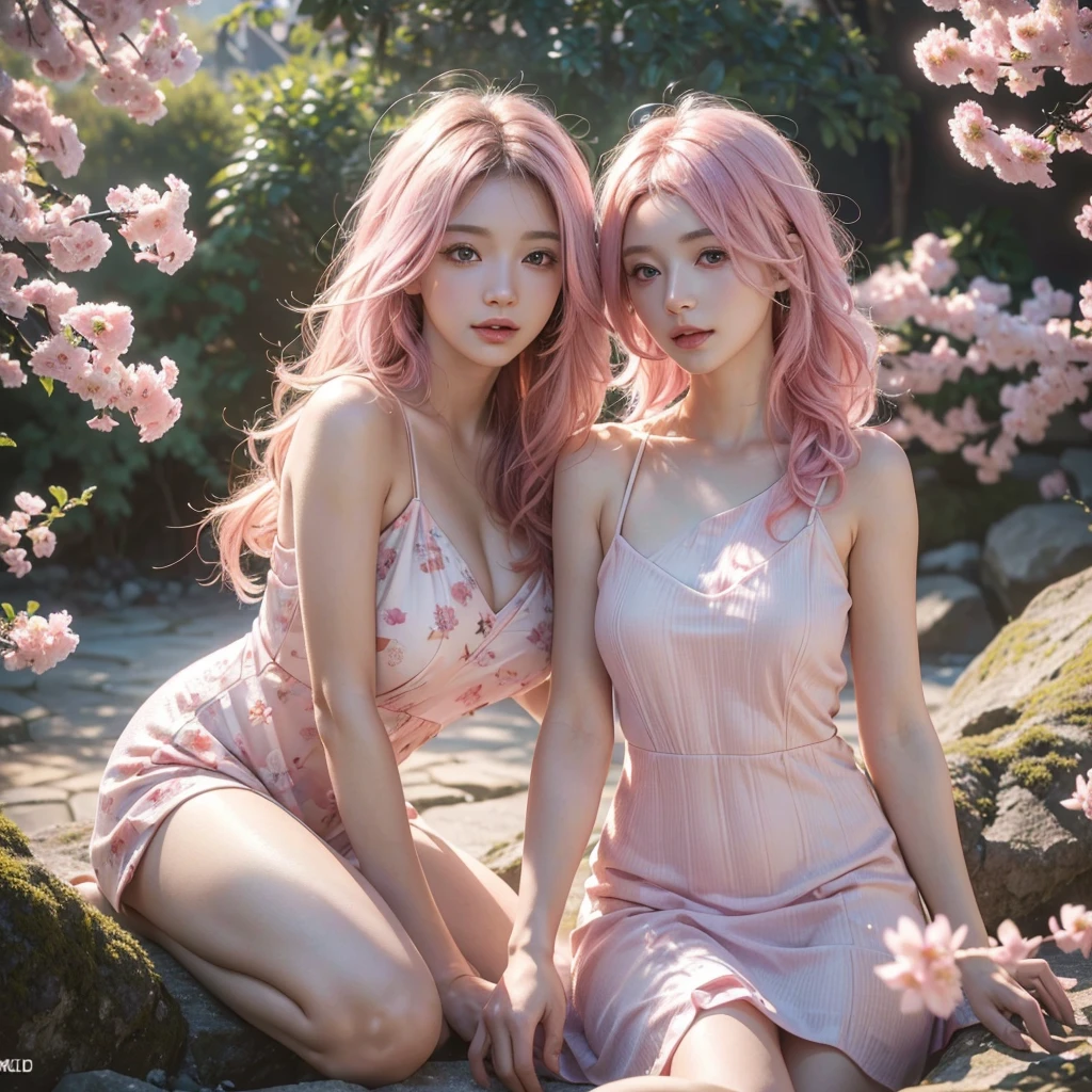 (best quality,4k,8k,highres,masterpiece:1.2),ultra-detailed,(realistic,photorealistic,photo-realistic:1.37),vivid colors,sakura leafs,light pink hair,pink eyes,white dress,wavy hair,paint splash,simple background,ray tracing