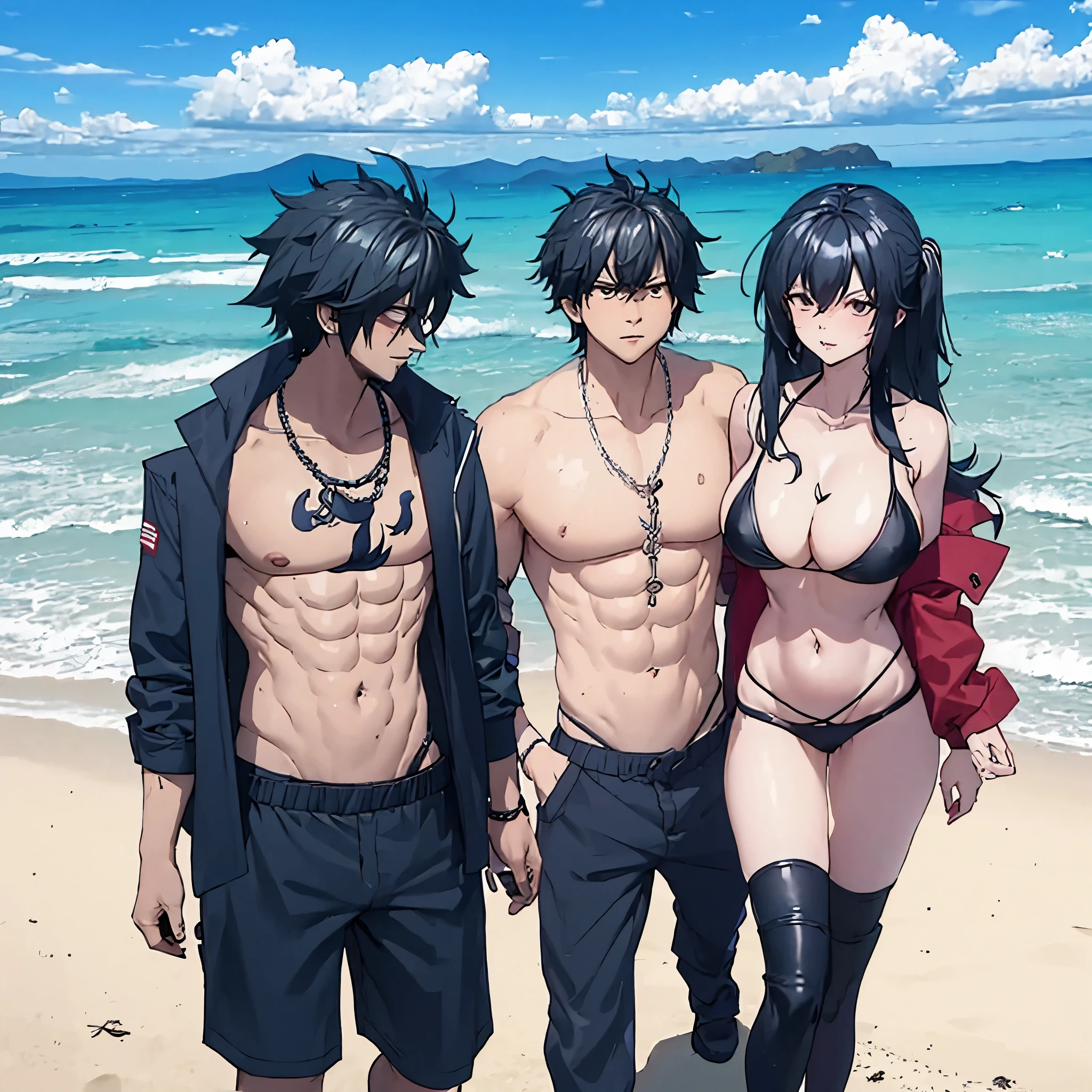 a man in black shorts together with a woman with a red bikini with big breasts, on a beach