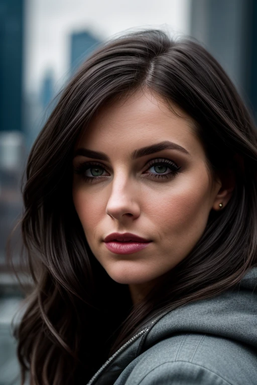 dark and gloomy, 8k, a close up photo of the brunette with new york city behind her, lifelike texture, dynamic composition, Fujifilm XT2, 85mm F1.2, 1/80 shutter speed, (bokeh), high contrast