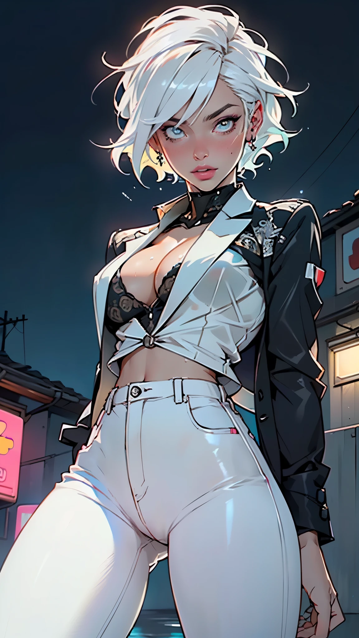 cute albino girl,(((1girl))),((albino girl with extremely cute and beautiful white hair)),
(small breasts:1.4),(((white hair:1.35,colored inner hair,ear breathing,small white hair,tomboy haircut))),((heterochromia:1.5, (aqua_eye and white_eye))),intricate eyes,beautiful detailed eyes,symmetrical eyes,((fat)),(((pale skin,lustrous skin:1.5,bright skin: 1.5,shiny skin,very shiny skin,shiny body,plastic glitter skin,exaggerated shiny skin,illuminated skin,wet legs))),(spider lower abdomen,narrow waist,wide hip,athletic body,inflated legs, thick thighs,detailed body,(detailed face)),
cute,slutty,seductive,erotic,(((nsfw))),
(((wearing white formal blazer,white pants,))),(((huge cleavage))),((wet clothes,intricate outfit,intricate clothes)),
(dynamic pose:1.0),solo focus,embarrassed,(centered,scale to fit dimensions,Rule of thirds),
cyberpunk city by the ocean at night, with bright neon signs and dark stormy clouds and puddles, scenery:1.25,nighttime, starry night, cosmos,Very dark night that makes the neon lights stand out, very bright neon lights,nighttime, starry night, cosmos,
artistic photography,(photography taken by sldr),highres, sharp focus,(ultra detailed, extremely detailed), (photorealistic artwork:1.37),(extremely detailed CG unity 8k wallpaper),((synthwave background theme)),(((vibrant colors))),intricate,(intricate background),(masterpiece),(best quality),perfect rendered face,perfect face details,realistic face,photo realistic,analog style,((intricate detail)),(((realism))),