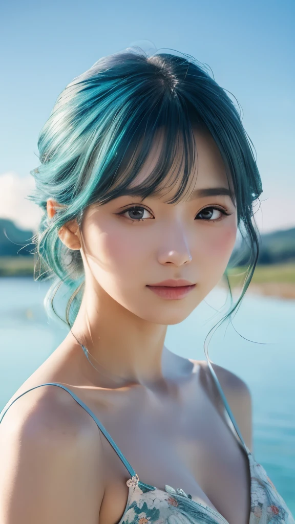 {{masterpiece}}, {{highest quality}}, {{Super detailed}}, {{figure}}, cinematic lighting,Beautiful delicate shine, dynamic angle, written boundary depth, light_leak, wonderful, small details, 4K, 8K, japanese idol, blue hair, elegant model, azure sky, flower garden, green grassland, calm expression, Shining warm colors, Natural attractions, See-through, blue bura, curl hair, slender body,