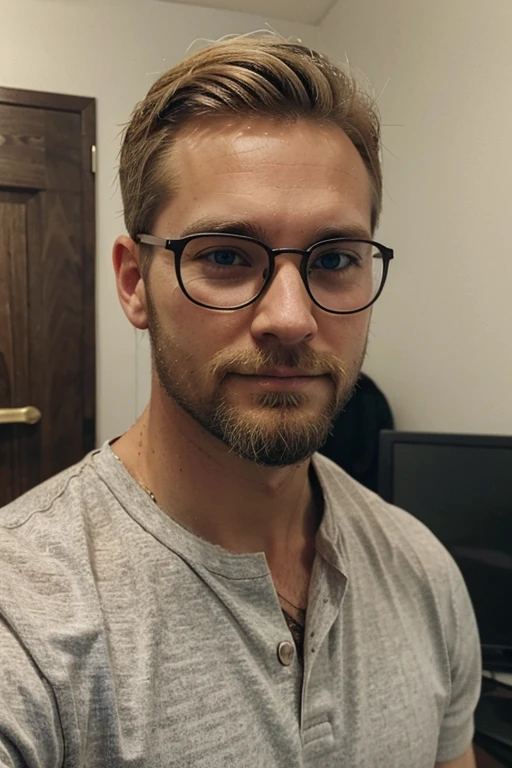 Man blonde ,32 years old with a beard and glasses.