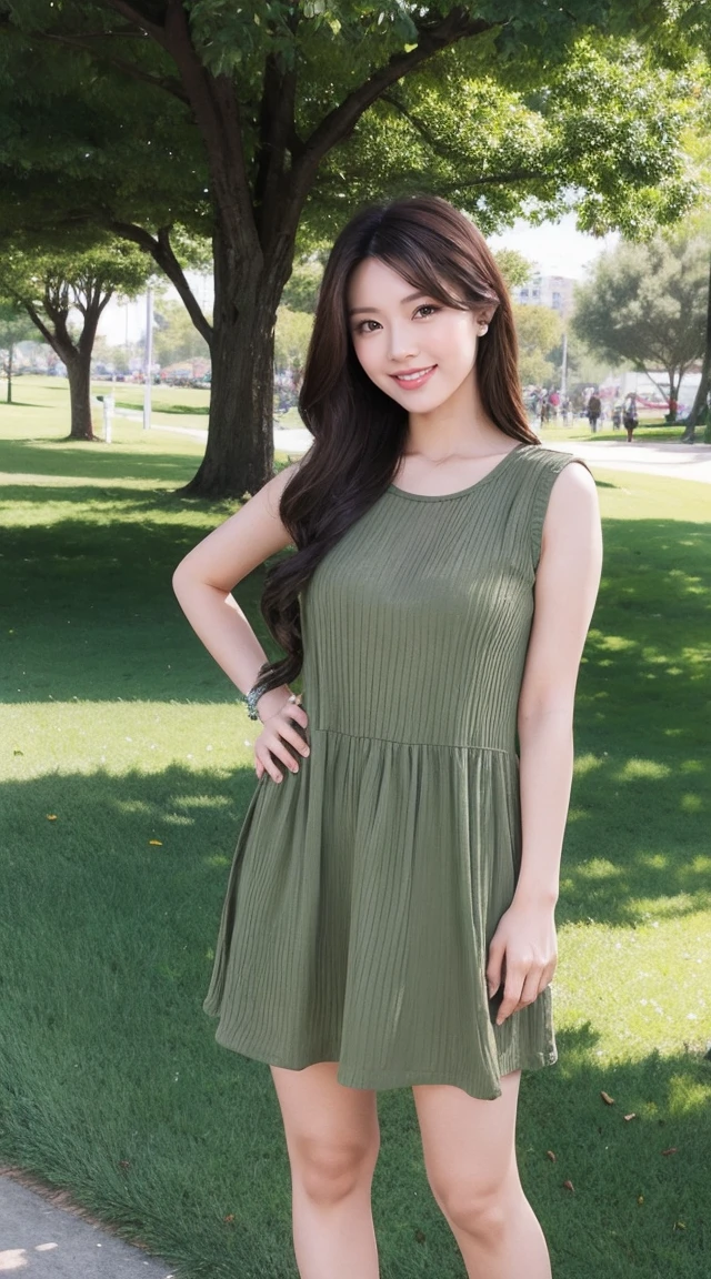 detailed,clear lines,best quality, master piece、Canon Photo Crystal Clear ,(realistically:1.2), (olive casual dress)、((action pose))、Take a full body photo、smile、Glamour body type、medium long hair、at the park