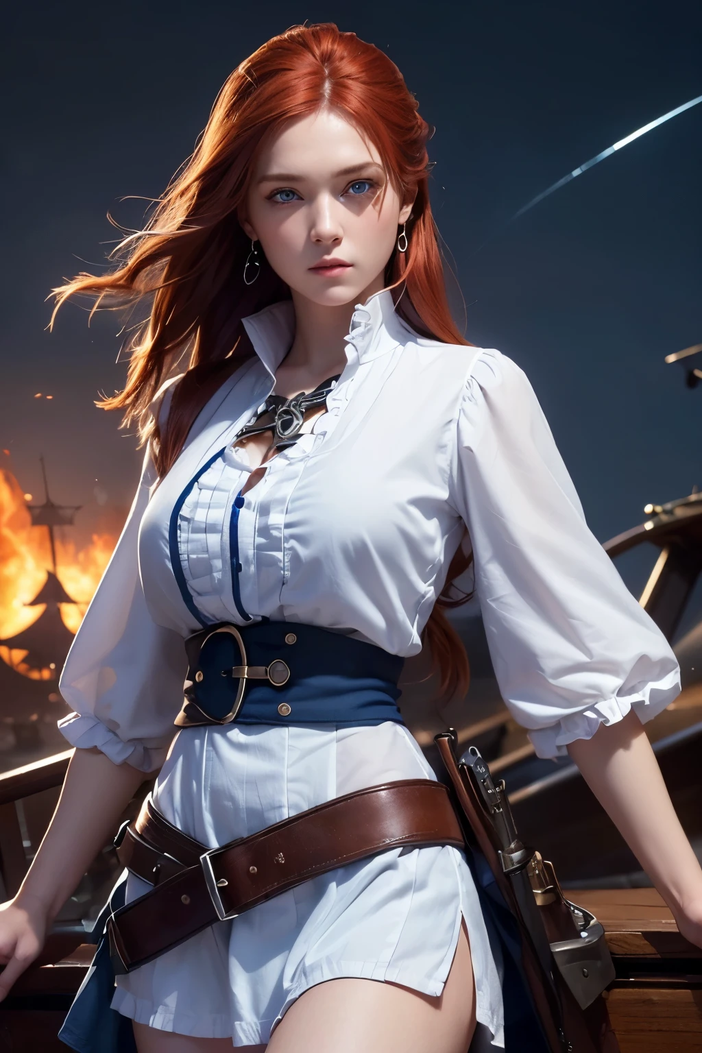 (good quality:1.2), (Ultradetailed:1.2), (ultradetailed face:1.2), (detailed blue eyes:1.2), (ultradetailed body:1.2), young girl with old pistole, red hair, (white pirate dress:1.2), pirate ship, night, battlefield, fire in the background