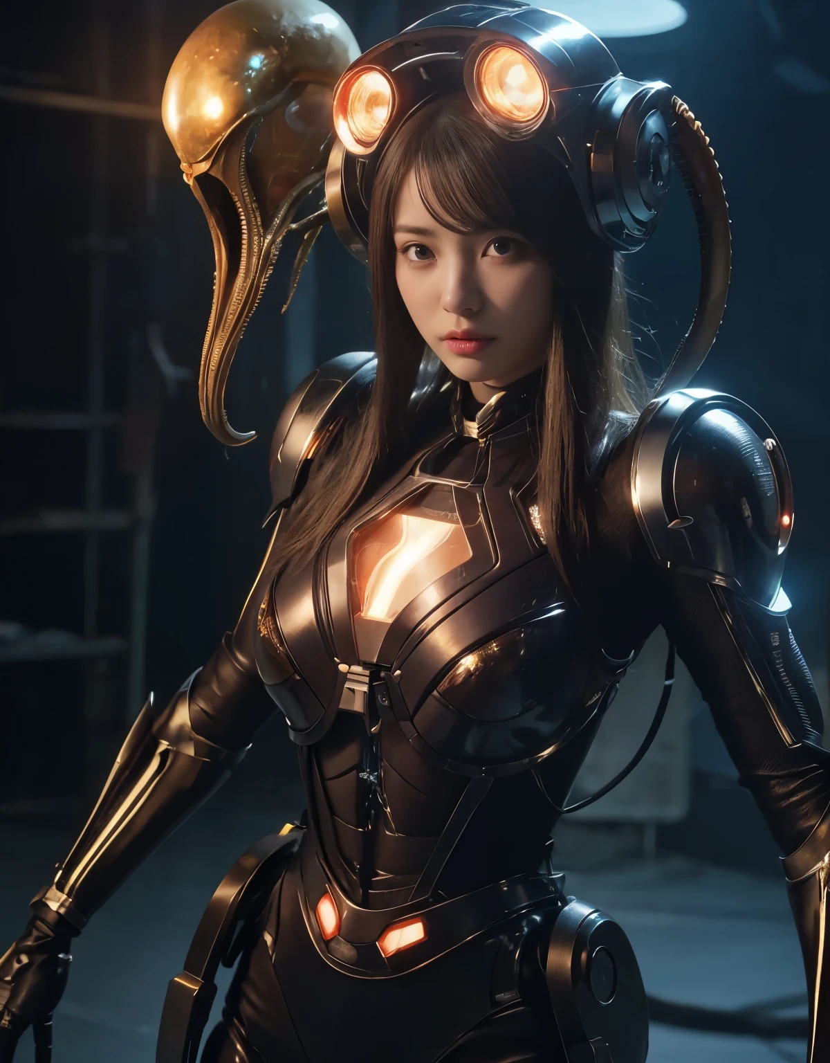 (Background of skimpy mechanical girl and octopus alien)、（Mystical expression）、highest quality、masterpiece、Super high resolution、(Photoreal:1.4)、RAW photo、1 girl、glowing skin、detailed face、(((1 Mechanical Girl)))、Heavy chest、（gold metal bodysuit）、(Natural alien background to fight aliens)、(Small LED)、((Super realistic details))、vertical giant monster background),global illumination、Shadow、octane rendering、24K、super sharp、robotの背景、big breasts、Raw skin exposed in the cleavage、intricate decorative details、Japan details、very intricate details、realistic light、(Mystical expression),CG Society Trenlow Eyes、Eyes shining towards the camera、Mechanical marginal blood vessels connected to neon detail tubes)、(Wires and cables connecting to the head)、Small LED、,mechanical thighs、two stock、（Hands are also made of machines）、robot、future alien、Please wear a mechanical helmet、transparent face guard on helmet、