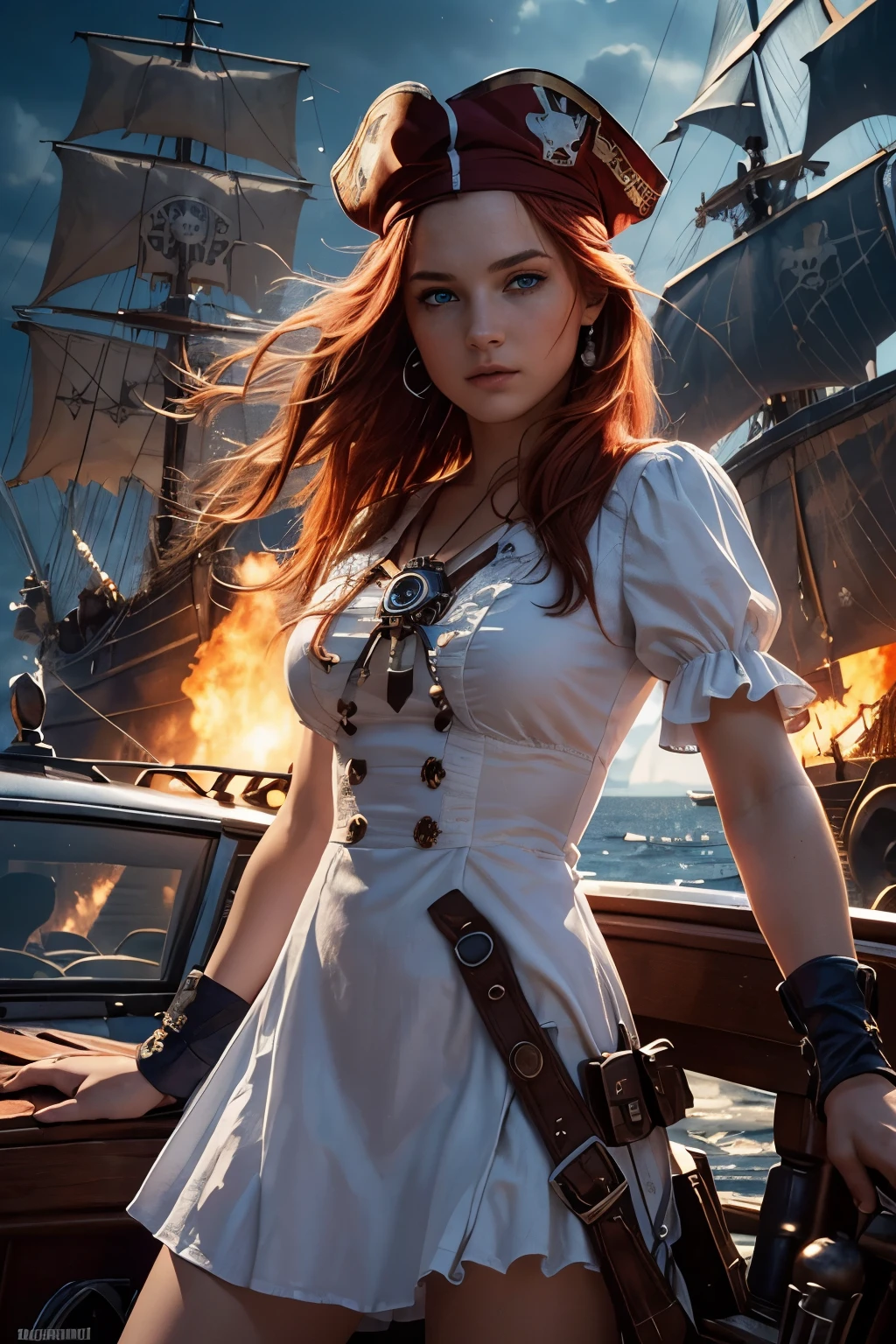 (good quality:1.2), (Ultradetailed:1.2), (ultradetailed face:1.2), (detailed blue eyes:1.2), (ultradetailed body:1.2), young girl with old pistole, red hair, (white pirate dress:1.2), pirate ship, night, battlefield, fire in the background