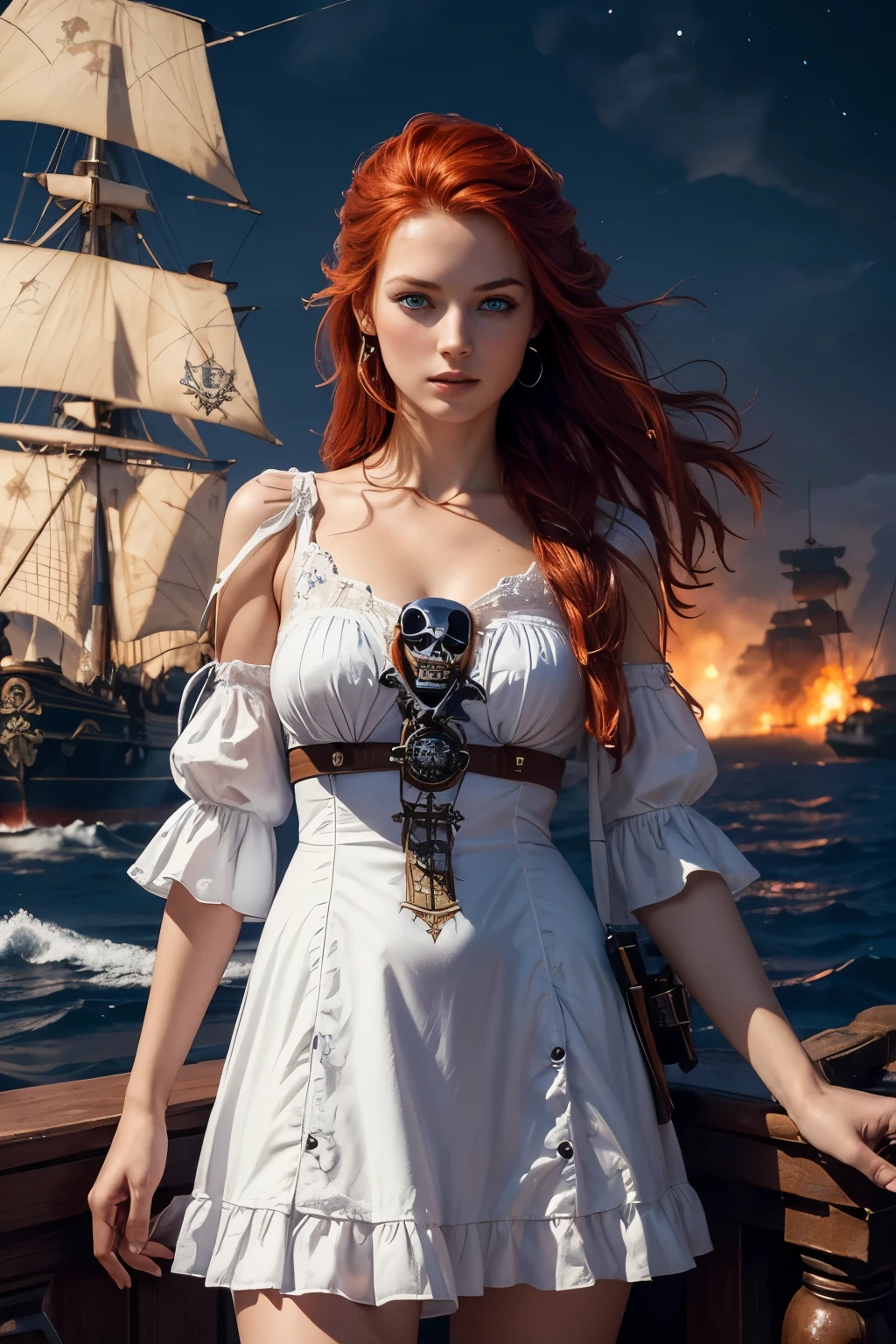 (good quality:1.2), (Ultradetailed:1.2), (ultradetailed face:1.2), (detailed blue eyes:1.2), (ultradetailed body:1.2), young girl with old pistole, red hair, (white pirate dress:1.2), pirate ship, night, battlefield, fire in the background