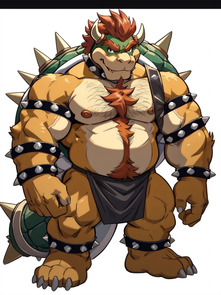 bowser, detailed bowser, 4k, high resolution, best quality, posted on e621, solo, male, masculine, pectorals, heavyweight, (white background, no background:1.1), (wfa style, meesh style:1.0), bowser anatomy, (detailed face, detailed eyes:1.0), (flat colors, cel shaded, cartoony shading:1.2), cartoony proportions, shiny skin, full body, short legs