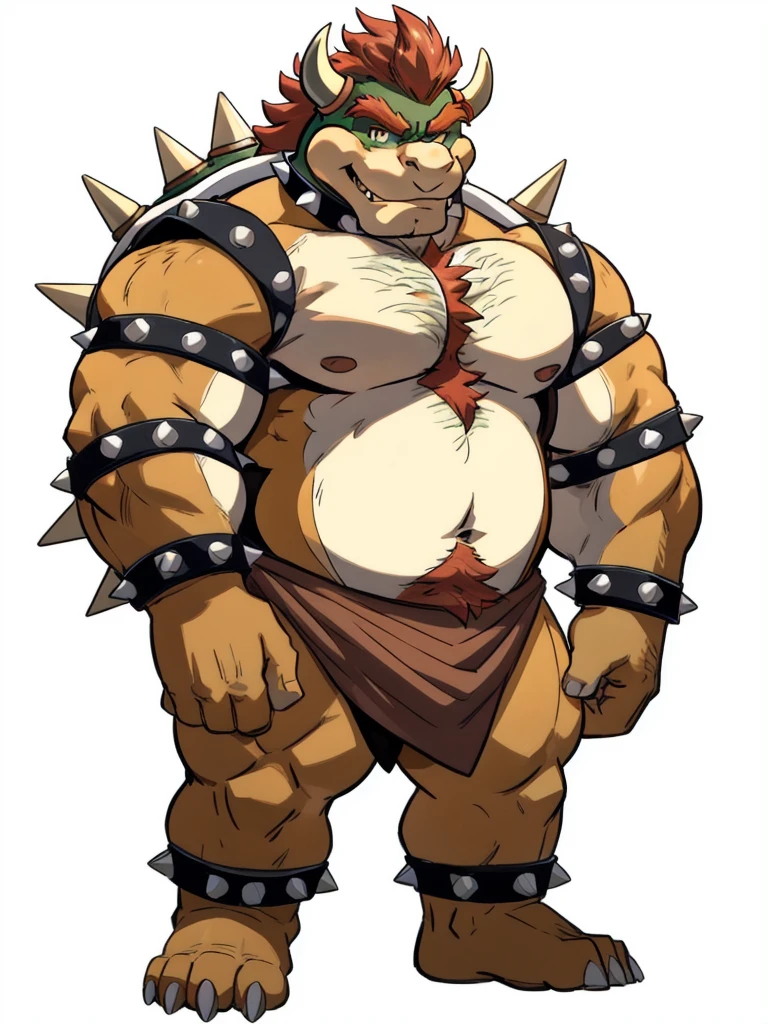 bowser, detailed bowser, 4k, high resolution, best quality, posted on e621, solo, male, masculine, pectorals, heavyweight, (white background, no background:1.1), (wfa style, meesh style:1.0), bowser anatomy, (detailed face, detailed eyes:1.0), (flat colors, cel shaded, cartoony shading:1.2), cartoony proportions, shiny skin, full body, short legs, hairy, hairy chest, hairy arms, hairy belly, hairy legs