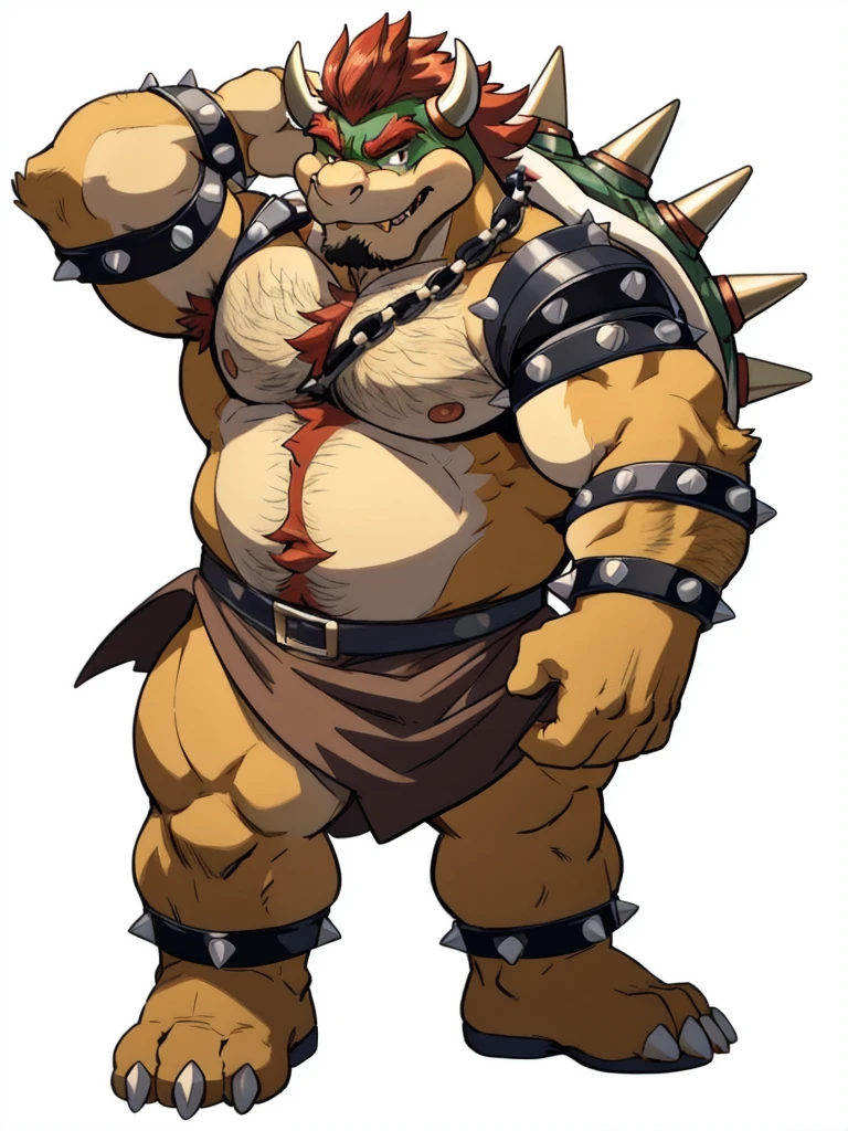 bowser, detailed bowser, 4k, high resolution, best quality, posted on e621, solo, male, masculine, pectorals, heavyweight, (white background, no background:1.1), (wfa style, meesh style:1.0), bowser anatomy, (detailed face, detailed eyes:1.0), (flat colors, cel shaded, cartoony shading:1.2), cartoony proportions, shiny skin, full body, short legs, hairy, hairy chest, hairy arms, hairy belly, hairy legs