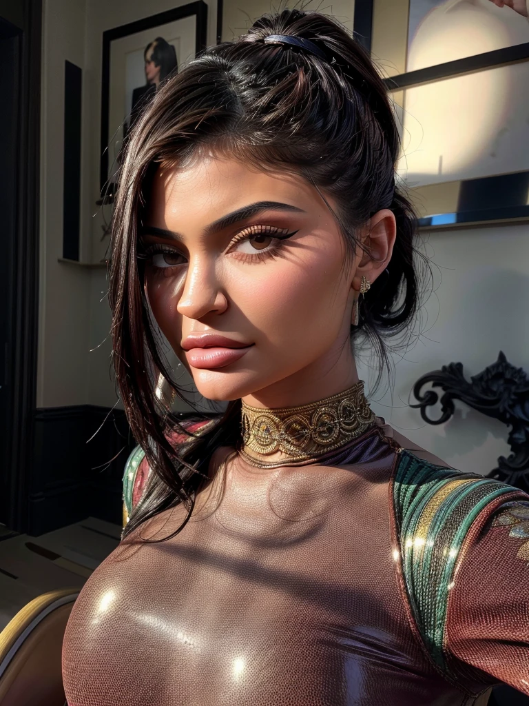 A seductive, ultra-detailed painting of Kylie Jenner wearing a tight red t-shirt, captured in the highest quality. The realistic portrayal enhances every aspect of her appearance, with an emphasis on her stunning features and flawless complexion. The tight crop of the composition concentrates on her mesmerizing eyes, beautifully detailed lips, and alluring facial expressions. The painting captures Kylie Jenner at night, where the professional lighting accentuates her features and sets a mood of intrigue. Vibrant colors enrich the artwork, highlighting her vibrant personality and enhancing the visual impact. The seductive lighting plays with shadows and highlights, adding depth and a touch of mystery. This artwork is a masterpiece in terms of quality, included in a gallery of other skillfully crafted portraits. The attention to detail is unparalleled, delivering an ultra-detailed representation of the subject. The painting is created with a blend of traditional and digital techniques, resulting in a visually stunning and highly realistic portrayal of Kylie Jenner. The overall composition combines elements of fine art and fashion photography, creating a unique artistic style that captures both her celebrity status and her individuality. The color palette is carefully chosen to complement her features and reflect her vibrant personality, with a rich spectrum of tones and hues. The lighting adds a seductive ambiance to the scene, creating a captivating atmosphere that draws viewers in. This artwork is a testament to the skill and expertise of the artist, showcasing their ability to create lifelike and emotionally compelling portraits. It is a true celebration of beauty and artistry, capturing the essence of Kylie Jenner in a way that is both striking and memorable.