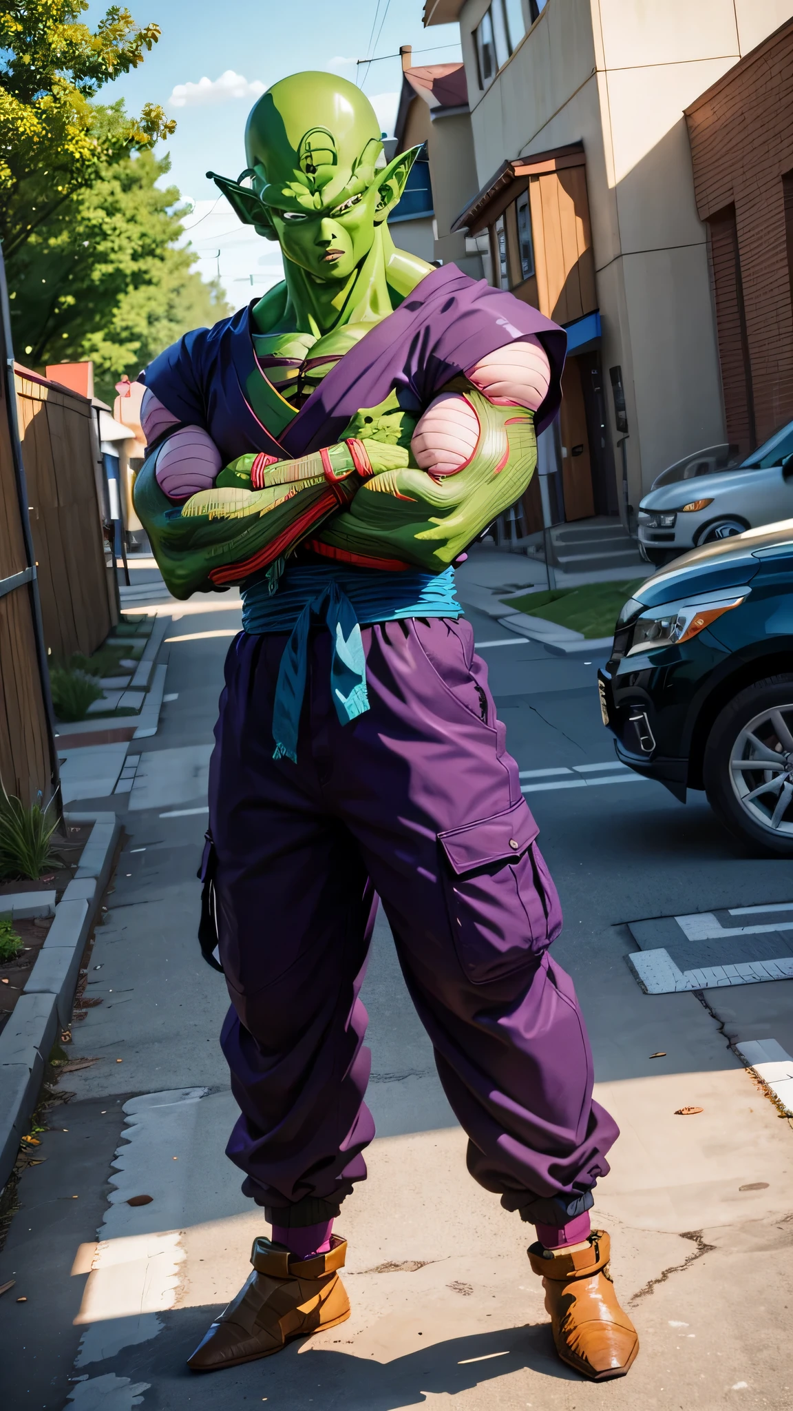 masterpiece, best quality, realistic, photorealistic, 8k,Kuririn , 1boy, male focus, solo, standing, pointy ears,(tactical combat armor purple dougi), green skin, oni horns, purple cargo pants, closed mouth, looking at viewer, ((bald)),arms at sides,pink patches,black eyes, blue sash, rocks, grassfield,realistic