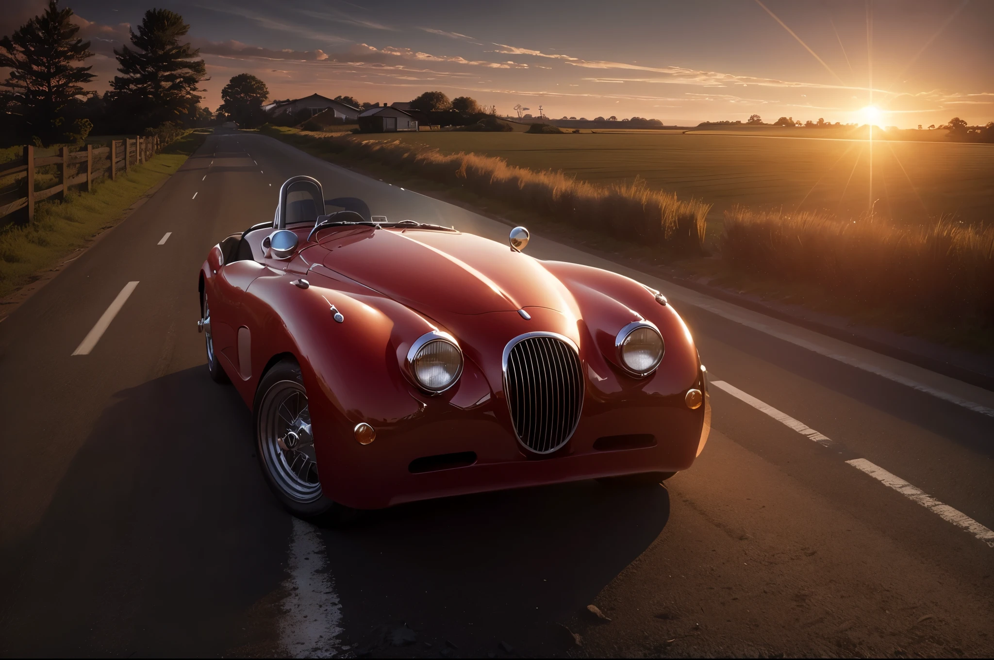 A red Jaguar XK 150 convertible with its headlights on and on on a country road surrounded by vegetation with the sun setting on the horizon