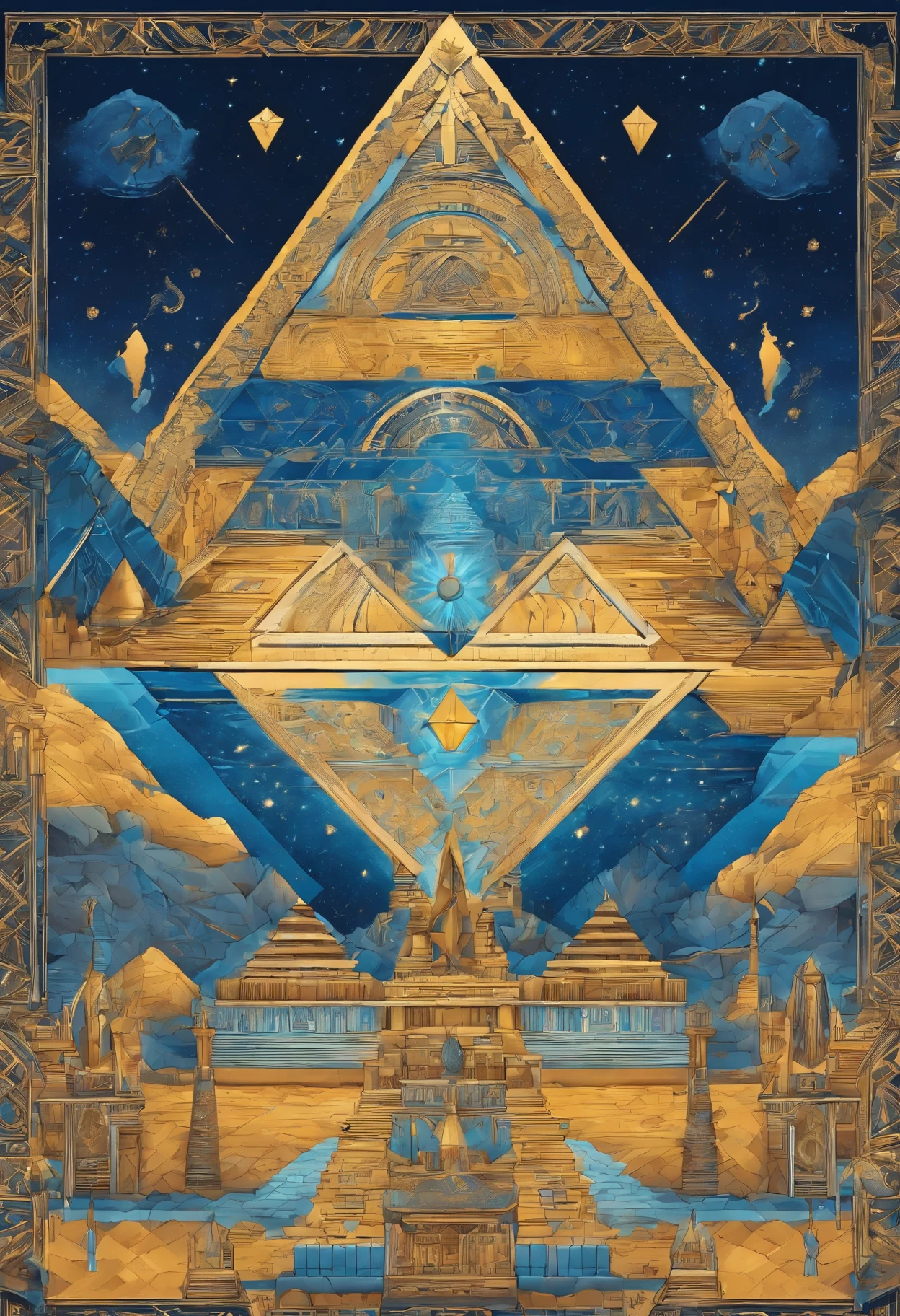 a mala ancient Egyptian inspired kaleidoscopic visual. golds, blue and silver shimmers. The ankh. pyramid and other symbols. universe.