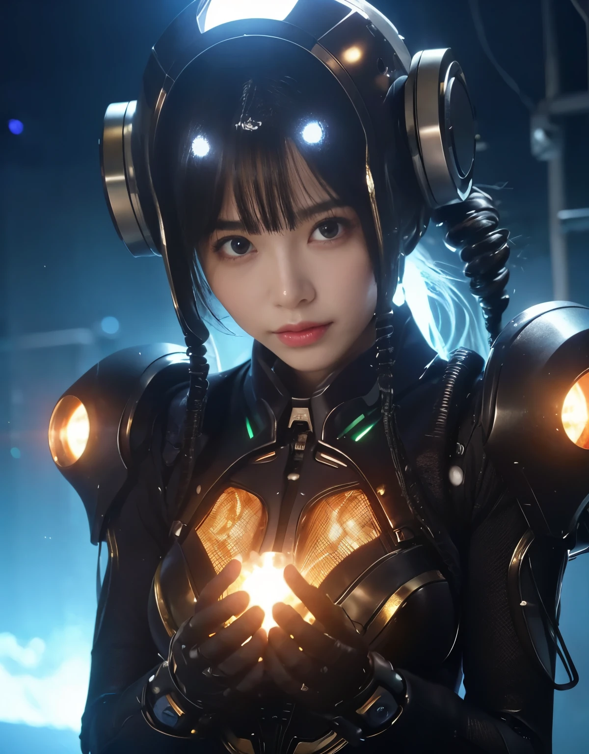 (Background of skimpy mechanical girl and octopus alien)、(Mystical expression)、highest quality、masterpiece、Super high resolution、(Photoreal:1.4)、RAW photo、1 girl、glowing skin、detailed face、(((1 Mechanical Girl)))、Heavy chest、(gold metal bodysuit)、(Natural alien background to fight aliens)、(Small LED)、((Super realistic details))、vertical giant monster background),global illumination、Shadow、octane rendering、24K、super sharp、robotの背景、big breasts、Raw skin exposed in the cleavage、intricate decorative details、Japan details、very intricate details、realistic light、(Mystical expression),CG Society Trenlow Eyes、Eyes shining towards the camera、Mechanical marginal blood vessels connected to neon detail tubes)、(Wires and cables connecting to the head)、Small LED、,mechanical thighs、two stock、(Hands are also made of machines)、robot、future alien、Please wear a mechanical helmet、transparent face guard on helmet、