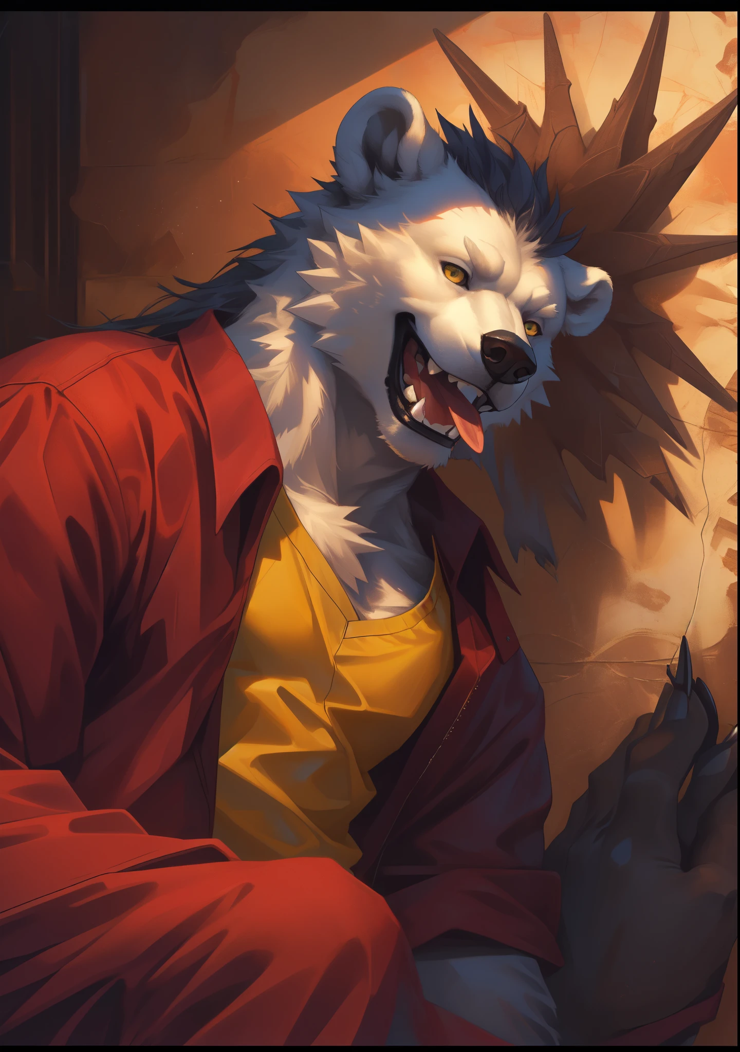 （best quality,4k,8k,highres,masterpiece:1.2),ultra-detailed,(realistic,photorealistic,photo-realistic:1.37),polar bear,portrait,square format,flat background,spiky hair,long hair,curved fangs,tongue sticking out,detailed eyes,white fur,yellow shirt,yellow pants,paw pads, by_gato_matero