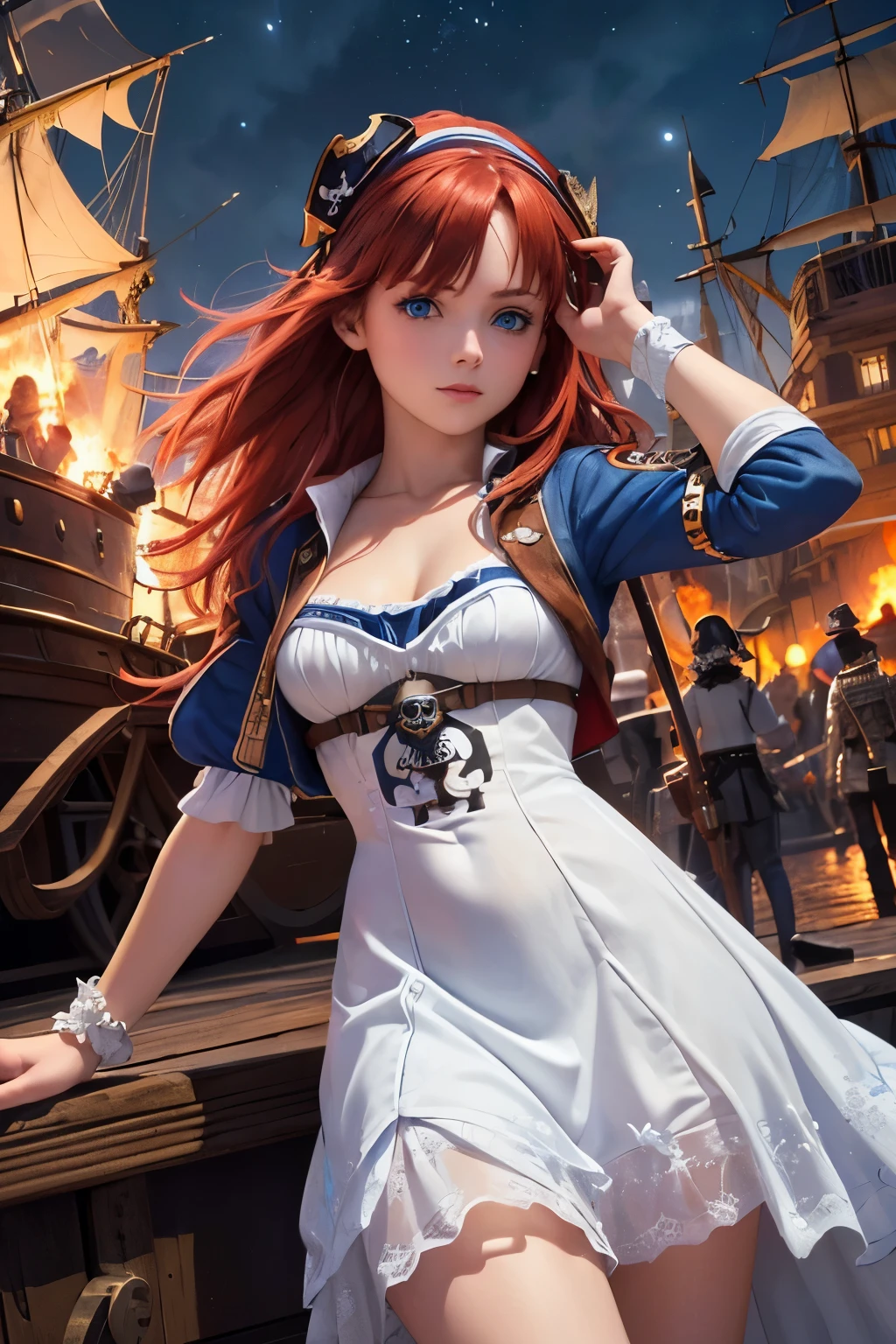 (good quality:1.2), (Ultradetailed:1.2), (ultradetailed face:1.2), (detailed blue eyes:1.2), (ultradetailed body:1.2), young girl with old pistole, red hair, (white pirate dress:1.2), pirate ship, night, battlefield, fire in the background