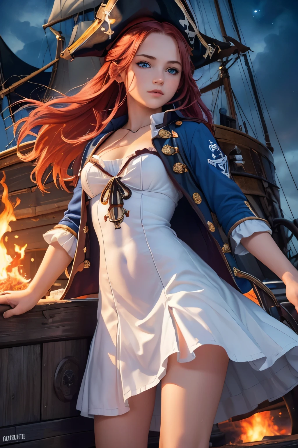 (good quality:1.2), (Ultradetailed:1.2), (ultradetailed face:1.2), (detailed blue eyes:1.2), (ultradetailed body:1.2), young girl with old pistole, red hair, (white pirate dress:1.2), pirate ship, night, battlefield, fire in the background