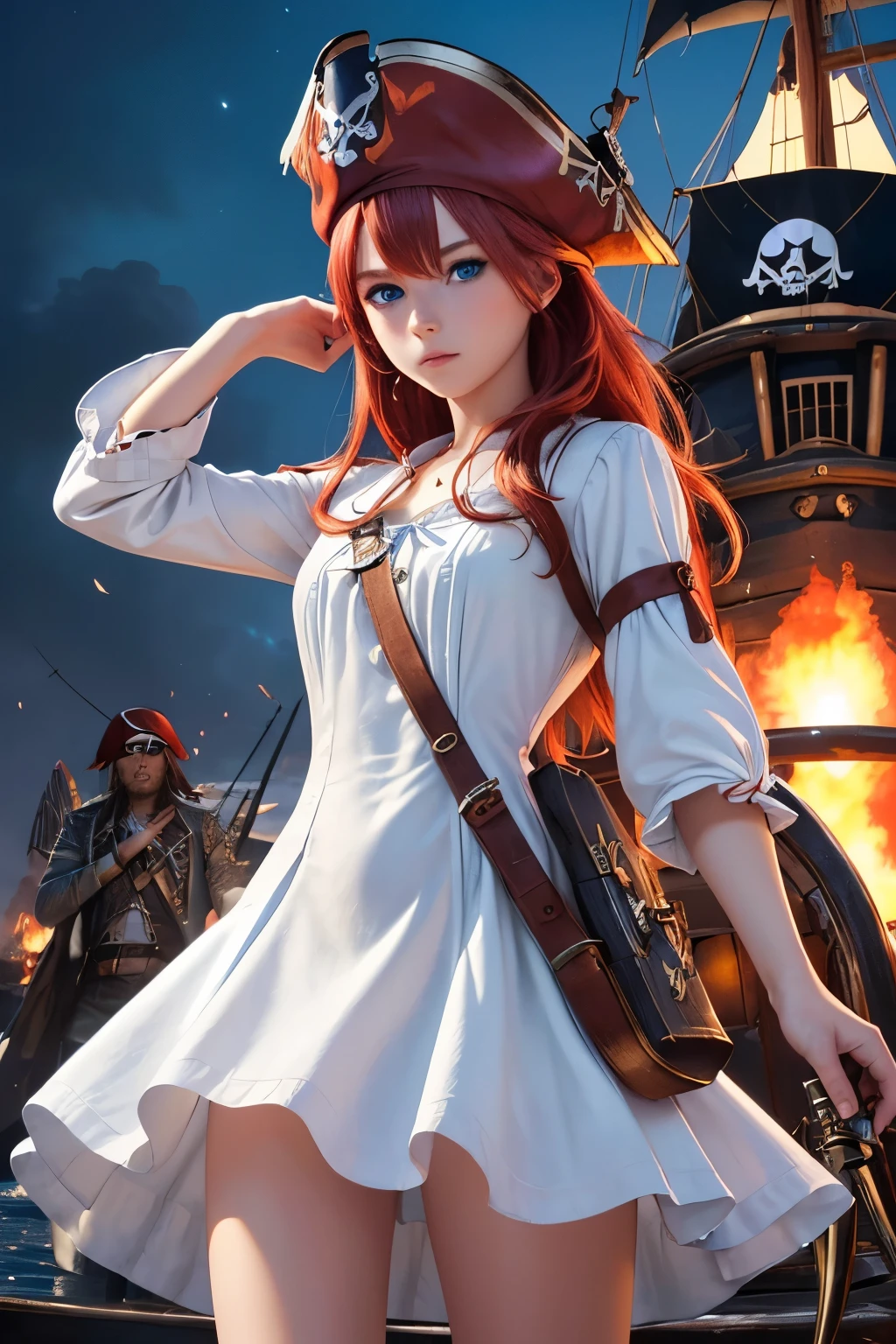 (good quality:1.2), (Ultradetailed:1.2), (ultradetailed face:1.2), (detailed blue eyes:1.2), (ultradetailed body:1.2), young girl with old pistole, red hair, (white pirate dress:1.2), pirate ship, night, battlefield, fire in the background