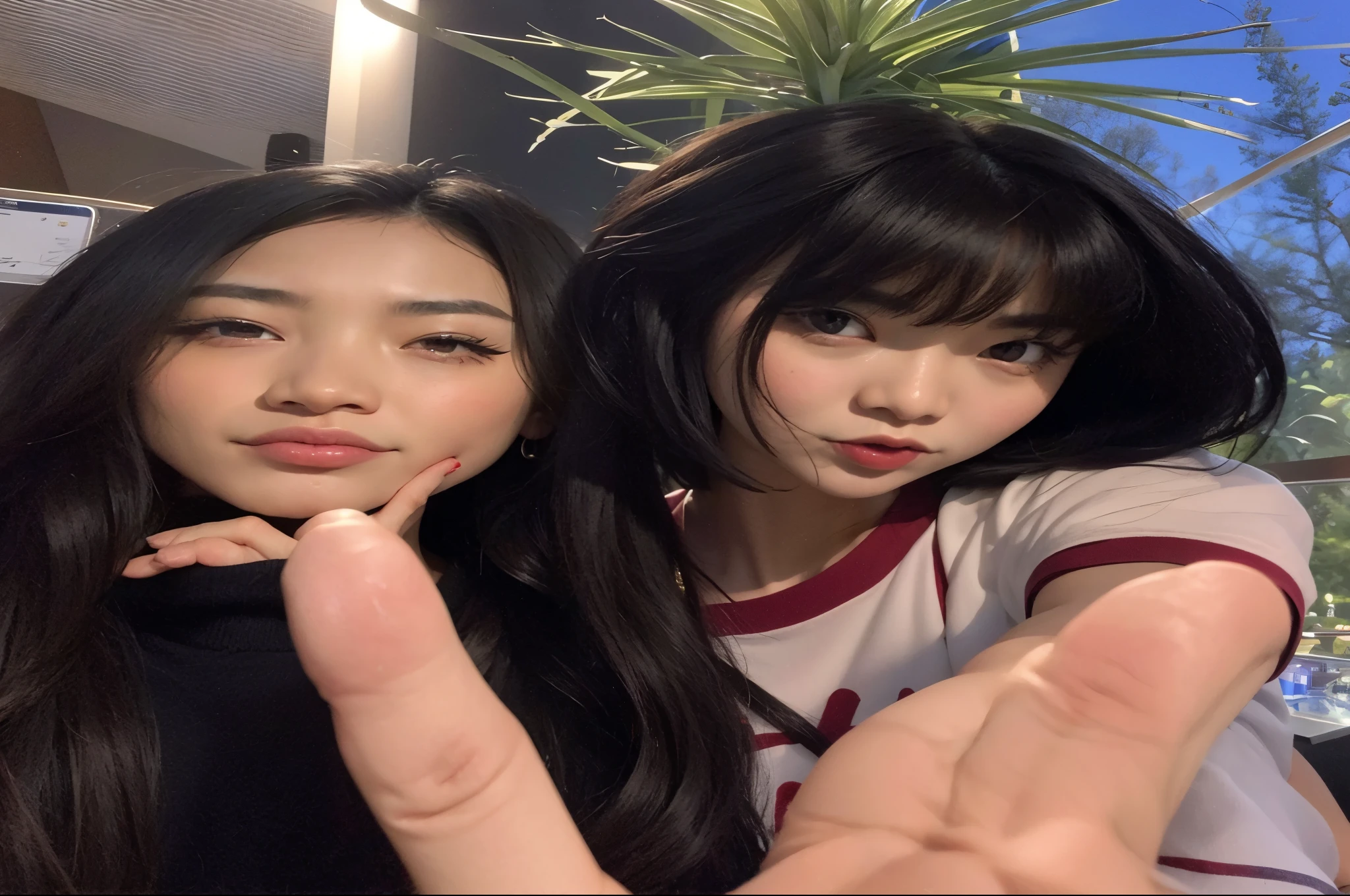 two asian women posing for a photo with their fingers up, Ulzzang, nixeu e sakimichan, ela tem cabelo preto com franja, Jinyoung Shin, Yoshitomo Nara e Aya Takano, imagem de perfil, 👅 👅, com preto, Lalisa Manobal, jaeyeon nam, kanliu666, sakimichan