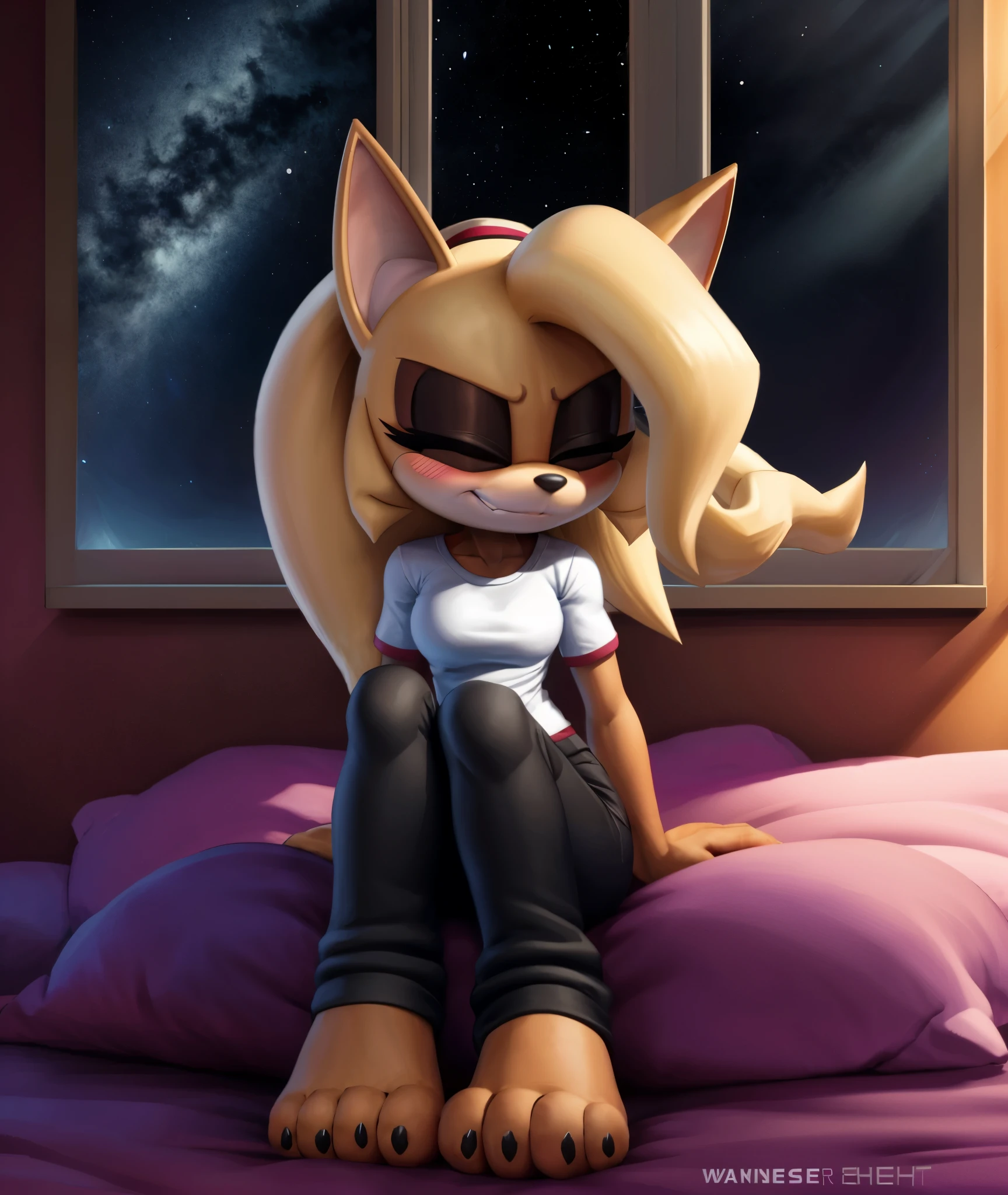 [whisper the wolf], [sonic the hedgehog], [Uploaded to e621.net; (Pixelsketcher), (wamudraws), (napalm_express)), ((masterpiece)), ((HD)), ((solo portrait)), ((front view)), ((full body)), ((feet visible)), ((detailed fur)), ((detailed shading)), ((cel shading)), ((beautiful render art)), ((intricate details)), {anthro, (slim figure), (beige fur), black nose, (wolf ears), (both eyes closed), (dark brown eyeshadow), long eyelashes, (long blonde ponytail), (fluffy wolf tail), (sharp black claws), (curvy hips), (beautiful legs), (beautiful feet), (humanoid feet), (blushing), (cute smirk), (nervous expression)}, {(white tee shirt), (black yoga pants)}, {(sitting on bed), (looking at viewer)}, [background; (bedroom), (window), (blue sky), (sun rays), (ambient lighting)]