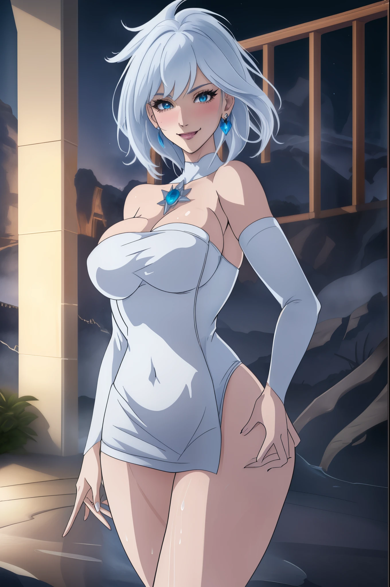 (extremely detailed CG unity 4k wallpaper),(masterpiece),(best quality),(ultra-detailed),(best illustration),(best shadow),(absurdres),(detailed background) Killer frost, smiling, blushing, naked towel, wet, hot spring, white hair, blue eyes, big breasts, big ass, thick thighs,