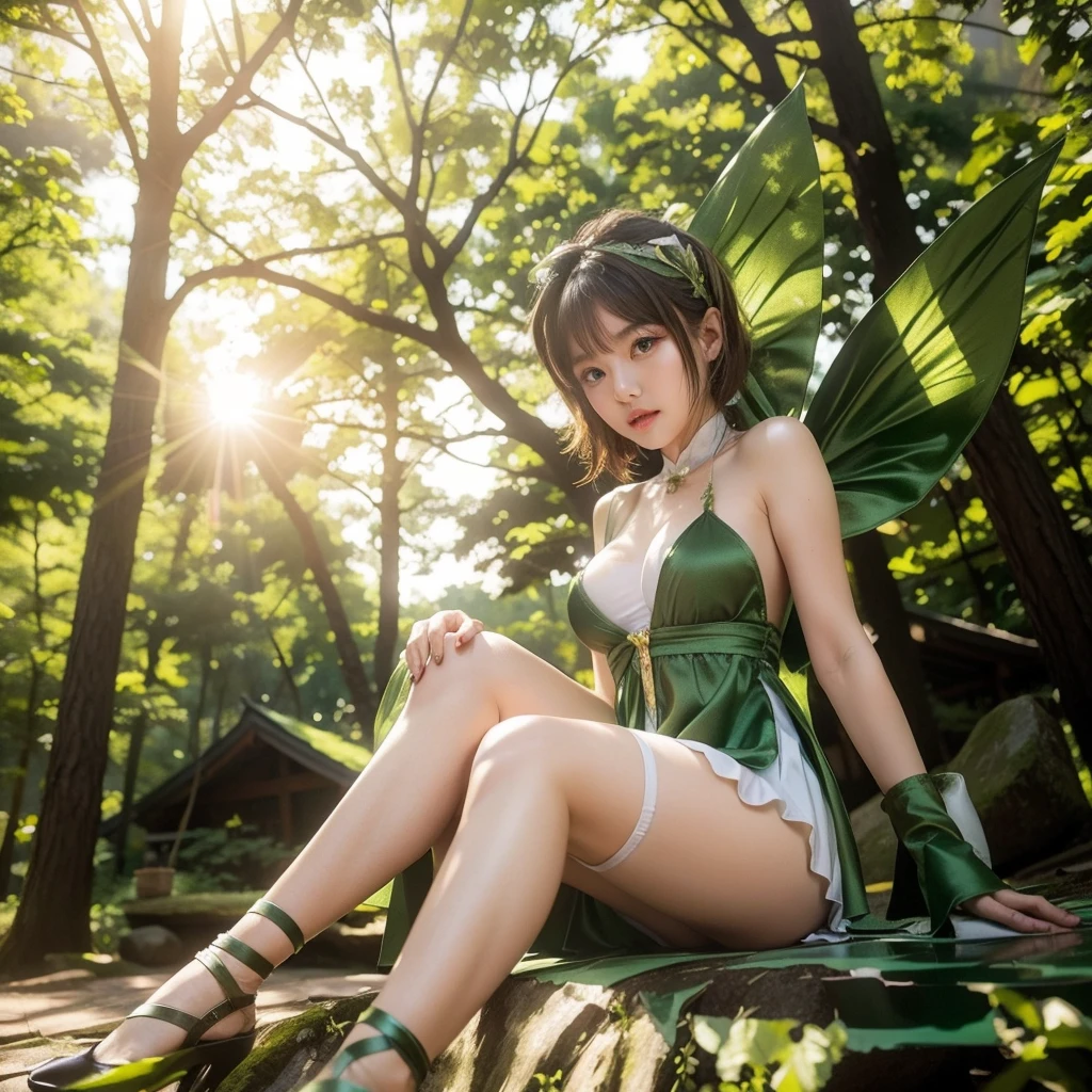 korean idol, beautiful, green short skirt,  a close up of a woman in a fairy costume sitting on a rock, tinkerbell, forest fairy, a sexy maid in a magical forest, anime cosplay, fantasy photoshoot