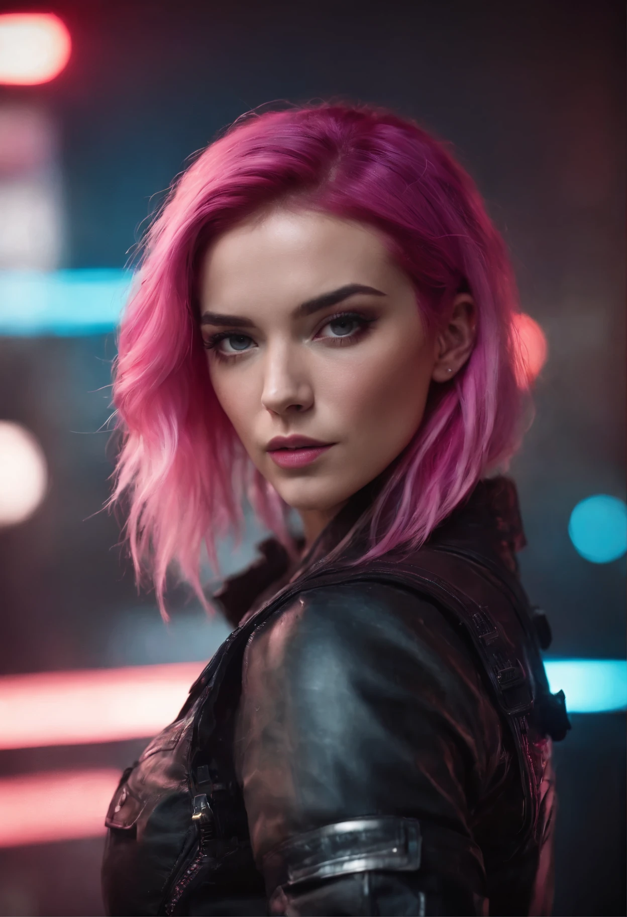 Mulher sensual cyberpunk neon segurando arma pink hair