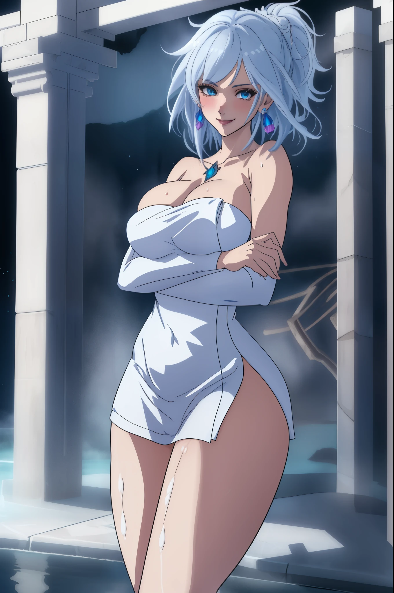 (extremely detailed CG unity 4k wallpaper),(masterpiece),(best quality),(ultra-detailed),(best illustration),(best shadow),(absurdres),(detailed background) Killer frost, smiling, blushing, naked towel, wet, hot spring, white hair, blue eyes, big breasts, big ass, thick thighs,