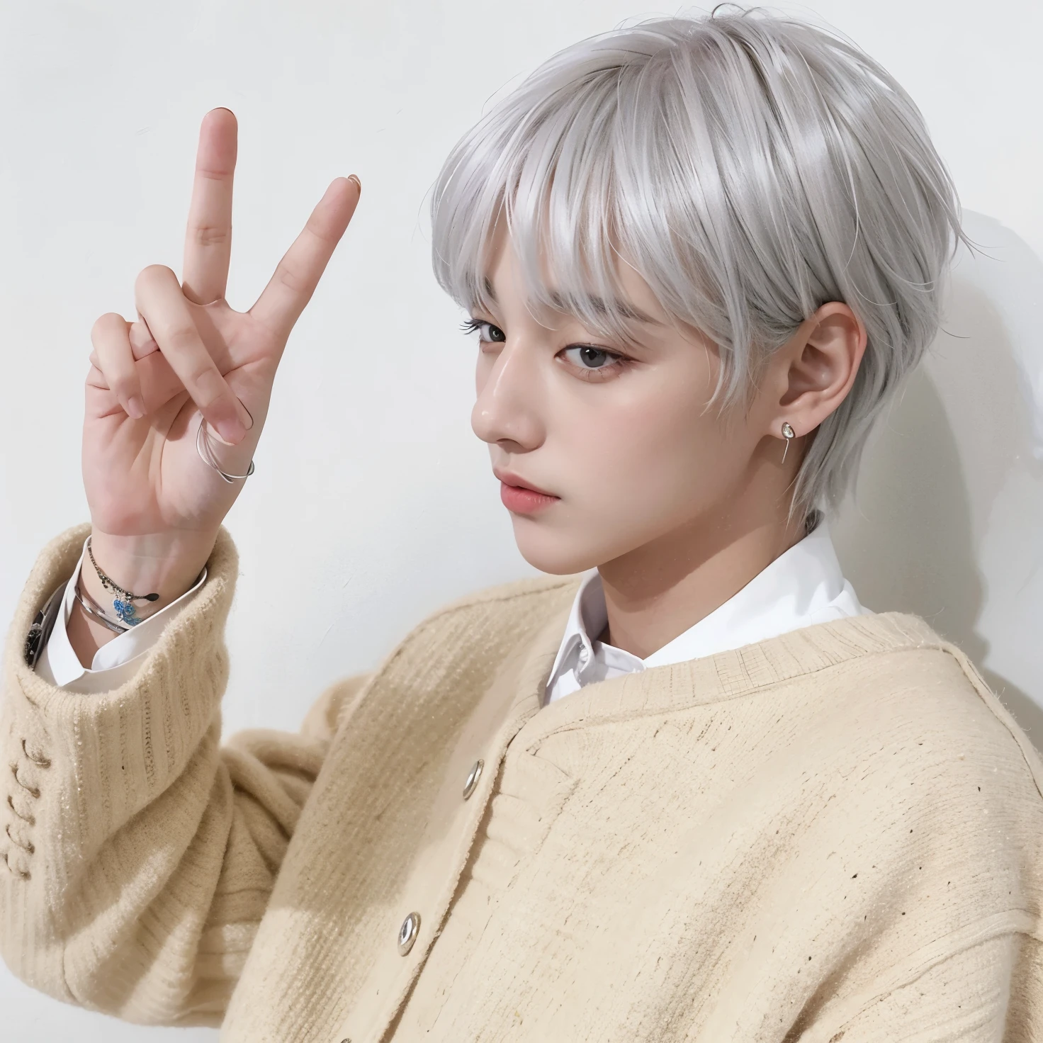 Kim taehyung silver hair, peace sign