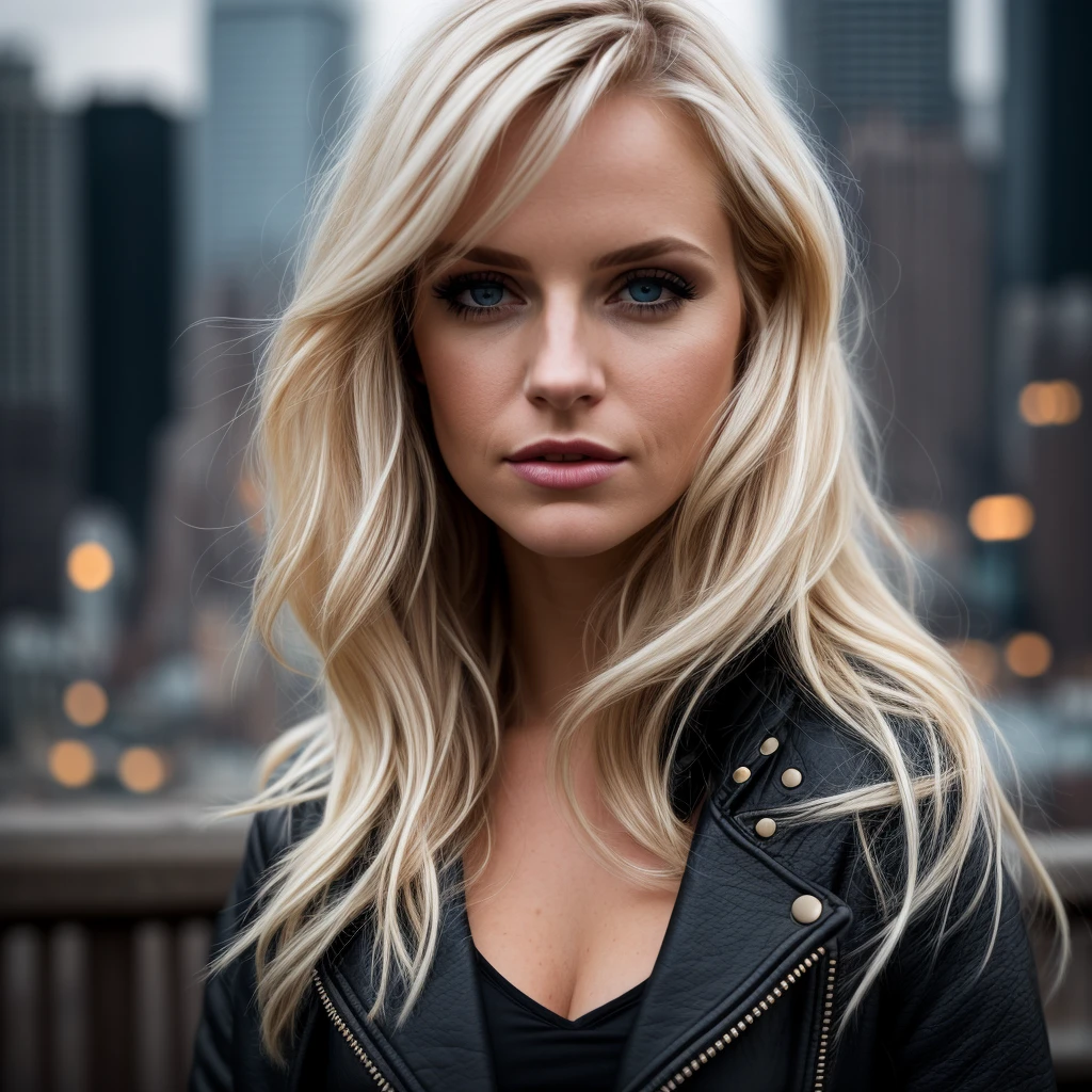 dark and gloomy, 8k, a close up photo of a blonde female with new york city behind her, lifelike texture, dynamic composition, Fujifilm XT2, 85mm F1.2, 1/80 shutter speed, (bokeh), high contrast