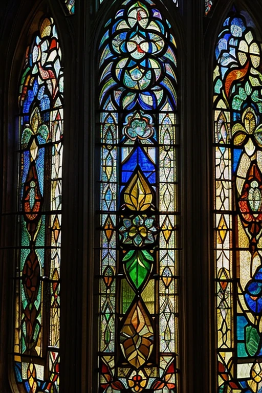 detailed stained glass, vibrant colors, intricate designs, sunlight streaming through, Gothic architecture, religious symbolism, majestic windows, masterful craftsmanship, medieval art, historical beauty, ethereal atmosphere, divine inspiration, spiritual awe, delicate lead lines, radiant light effects, celestial motifs, mesmerizing patterns, luminous reflections, elaborate compositions, timeless elegance, rich cultural heritage, transcendent artistry