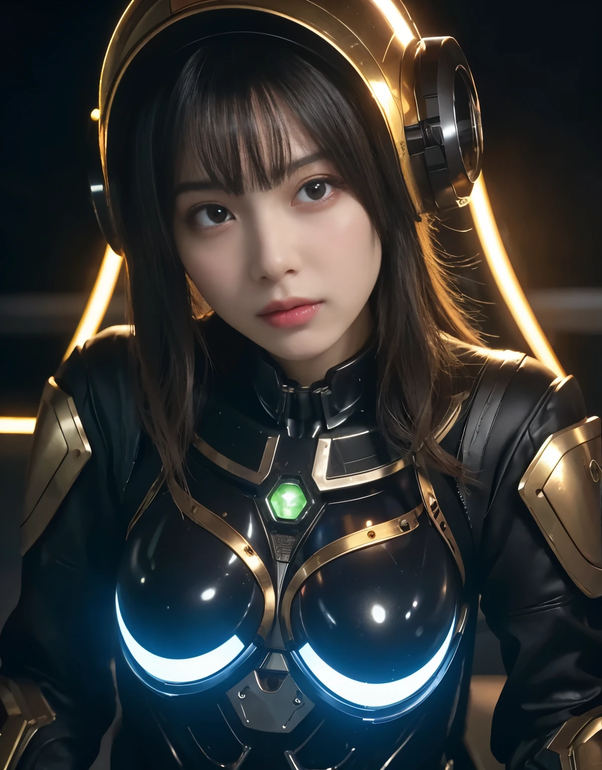 (Background of skimpy mechanical girl and octopus alien)、（Mystical expression）、highest quality、masterpiece、Super high resolution、(Photoreal:1.4)、RAW photo、1 girl、glowing skin、detailed face、(((1 Mechanical Girl)))、Heavy chest、（gold metal bodysuit）、(Natural alien background to fight aliens)、(Small LED)、((Super realistic details))、vertical giant monster background),global illumination、Shadow、octane rendering、24K、super sharp、robotの背景、big breasts、Raw skin exposed in the cleavage、intricate decorative details、Japan details、very intricate details、realistic light、(Mystical expression),CG Society Trenlow Eyes、Eyes shining towards the camera、Mechanical marginal blood vessels connected to neon detail tubes)、(Wires and cables connecting to the head)、Small LED、,mechanical thighs、two stock、（Hands are also made of machines）、robot、future alien、Please wear a mechanical helmet、transparent face guard on helmet、