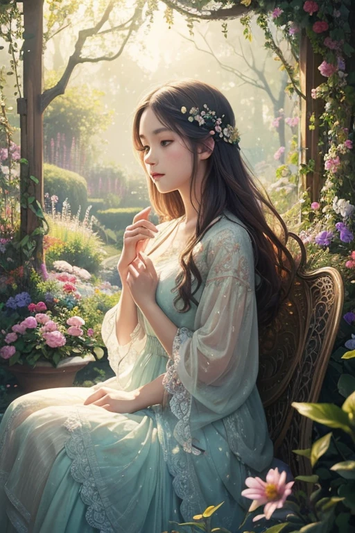 A girl in a garden, mixed media, vibrant colors, natural light, detailed flowers, surreal atmosphere, dreamy composition, fine brushstrokes, whimsical elements, magical scenery, high-resolution, photorealistic, vintage aesthetic, textured background, delicate features, elegant posture, joyful expression, soft sunlight, playful birds, tranquil atmosphere, rich color palette, artistic perspective, layered composition, harmonious blending, intricate details, ethereal beauty, nostalgic vibes, intricate patterns, evocative atmosphere, imaginative interpretation, emotional depth, visual storytelling, mesmerizing artwork.