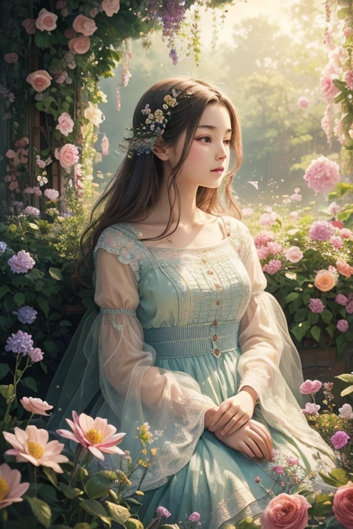 A girl in a garden, mixed media, vibrant colors, natural light, detailed flowers, surreal atmosphere, dreamy composition, fine brushstrokes, whimsical elements, magical scenery, high-resolution, photorealistic, vintage aesthetic, textured background, delicate features, elegant posture, joyful expression, soft sunlight, playful birds, tranquil atmosphere, rich color palette, artistic perspective, layered composition, harmonious blending, intricate details, ethereal beauty, nostalgic vibes, intricate patterns, evocative atmosphere, imaginative interpretation, emotional depth, visual storytelling, mesmerizing artwork.