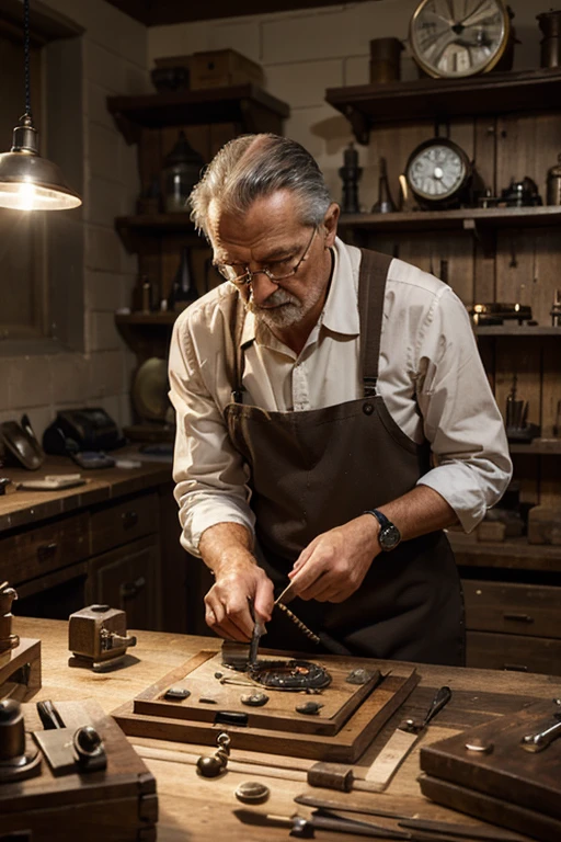 Generate a realistic image of an elderly watchmaker about 60 years old. He should be portrayed wearing a work apron and holding a watch. The watchmaker should be focused while looking through a magnifying glass with one eye while trying to repair the watch. The workshop should be well lit, with watchmaker's tools and clocks scattered on the workbench. The atmosphere should convey the watchmaker's passion and mastery of his craft