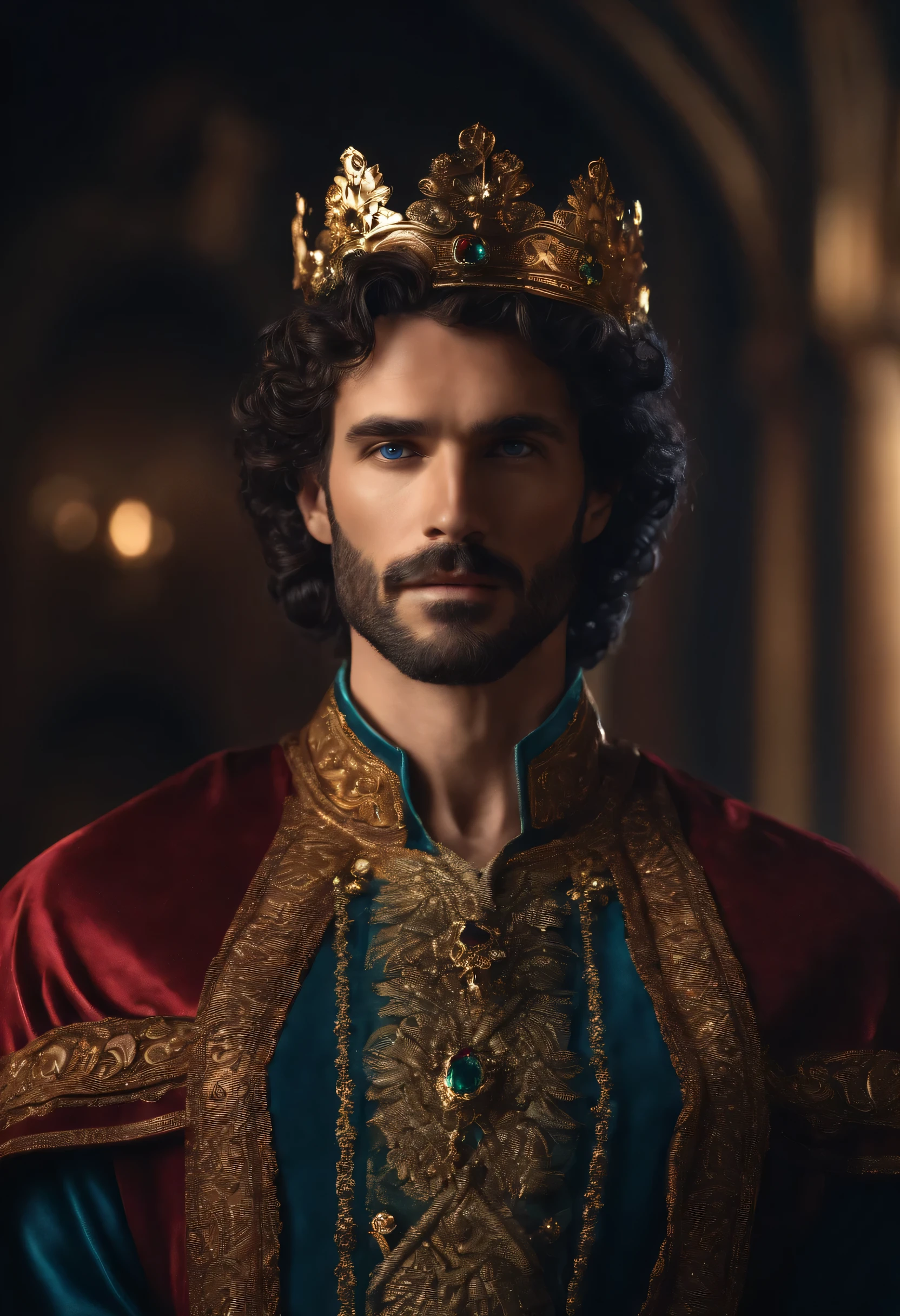 high resolution, master part, Middle age king. Dark curly hair, blue eyes, short beard, gold crown with emeralds and rubies. Rich dark red and blue clothing. Half body