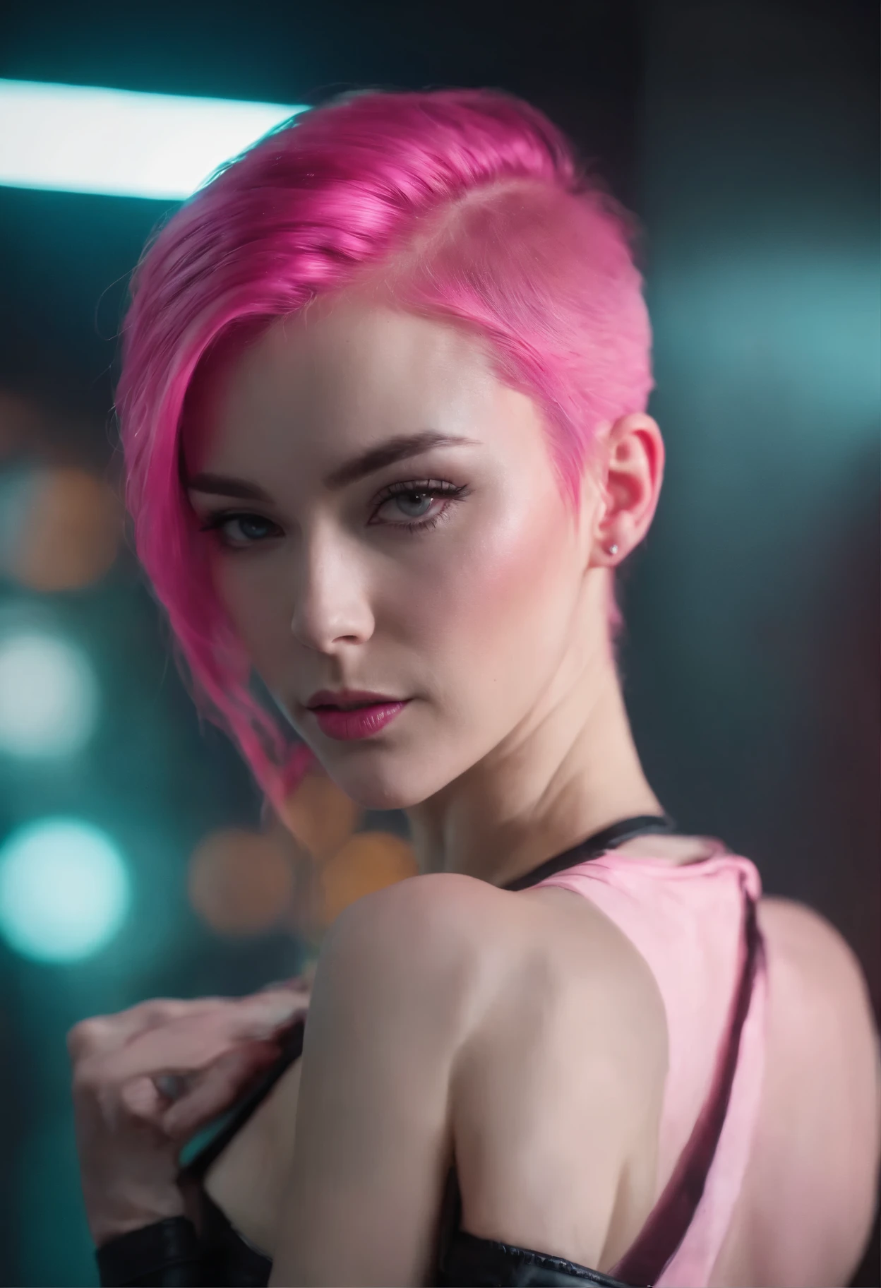 Mulher sensual cyberpunk neon segurando arma pink hair