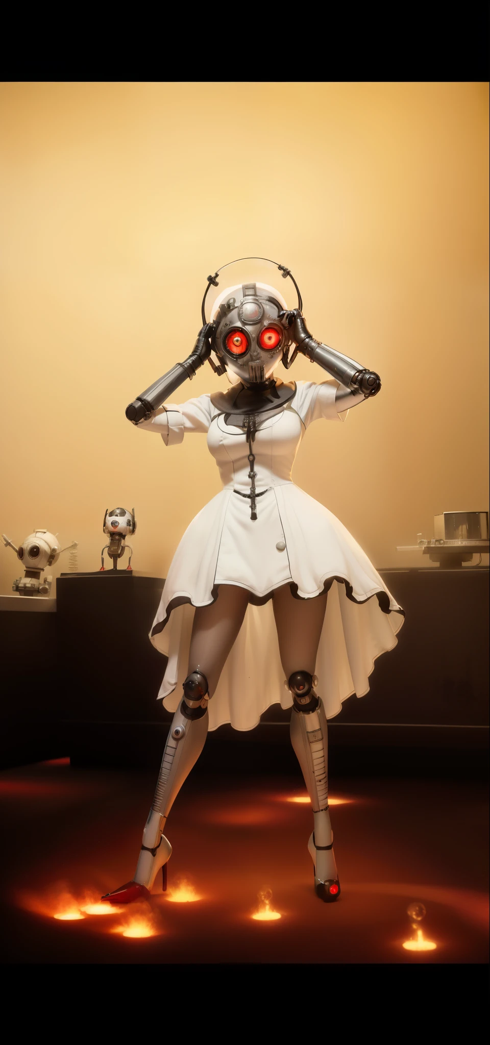 there is a woman dressed in white and a mask on her head, elizabeth from bioshock infinity, she wears a red-eyed gas mask, clockwork woman, bioshock infinity style, psychokinetic girl, inspired by Ray Caesar, dominatrix killer robot, robot in her mechanical mask, style bioshock, gothic raygun style, realistic mechanical dolls