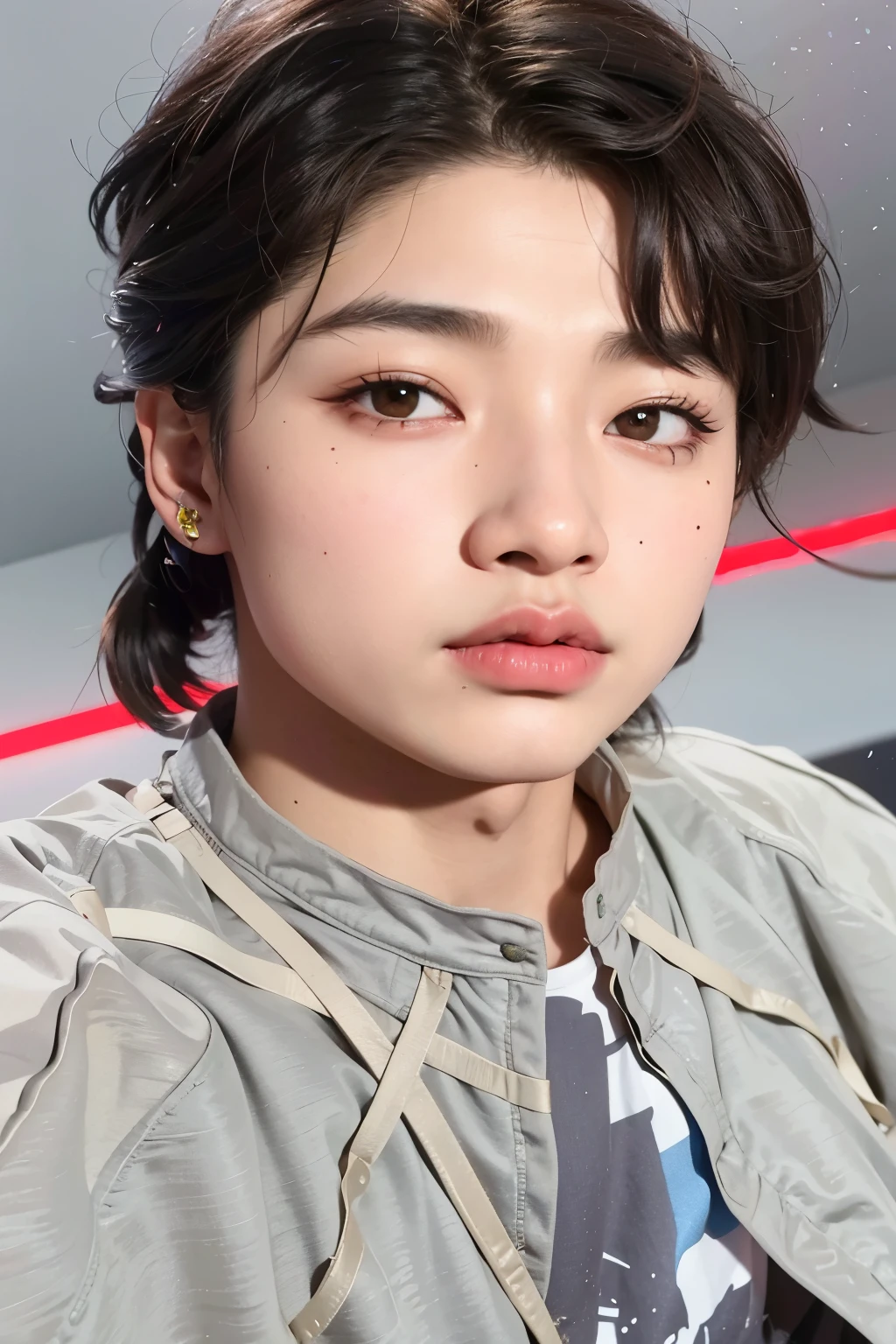 a close up of a person with a piercing on their nose, jimin\'s plump lips, sun yunjoo, wan adorable korean face, cai xukun, jinyoung shin, taejune kim, heonhwa choe, jimin\'s right eyelid swollen, jungkook, sakimichan, headshot profile picture, korean idol, small lips pointy nose