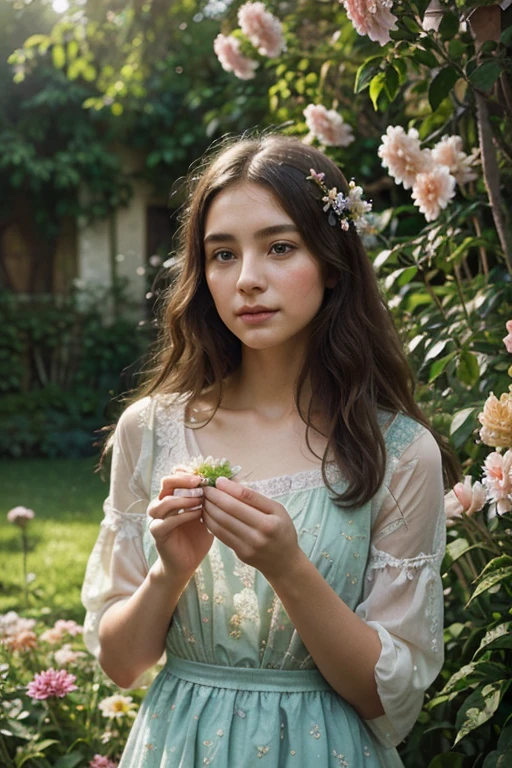 A girl in a garden, mixed media, vibrant colors, natural light, detailed flowers, surreal atmosphere, dreamy composition, fine brushstrokes, whimsical elements, magical scenery, high-resolution, photorealistic, vintage aesthetic, textured background, delicate features, elegant posture, joyful expression, soft sunlight, playful birds, tranquil atmosphere, rich color palette, artistic perspective, layered composition, harmonious blending, intricate details, ethereal beauty, nostalgic vibes, intricate patterns, evocative atmosphere, imaginative interpretation, emotional depth, visual storytelling, mesmerizing artwork.