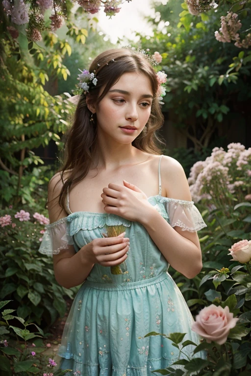 A girl in a garden, mixed media, vibrant colors, natural light, detailed flowers, surreal atmosphere, dreamy composition, fine brushstrokes, whimsical elements, magical scenery, high-resolution, photorealistic, vintage aesthetic, textured background, delicate features, elegant posture, joyful expression, soft sunlight, playful birds, tranquil atmosphere, rich color palette, artistic perspective, layered composition, harmonious blending, intricate details, ethereal beauty, nostalgic vibes, intricate patterns, evocative atmosphere, imaginative interpretation, emotional depth, visual storytelling, mesmerizing artwork.
