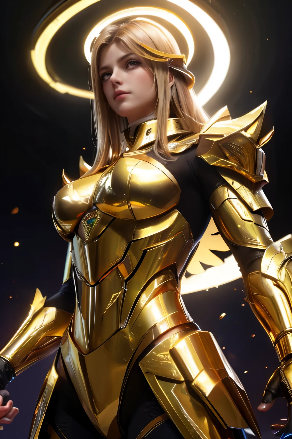 male angel, golden hair, golden armor, European, 28 years old, fit body, halo, bright aura