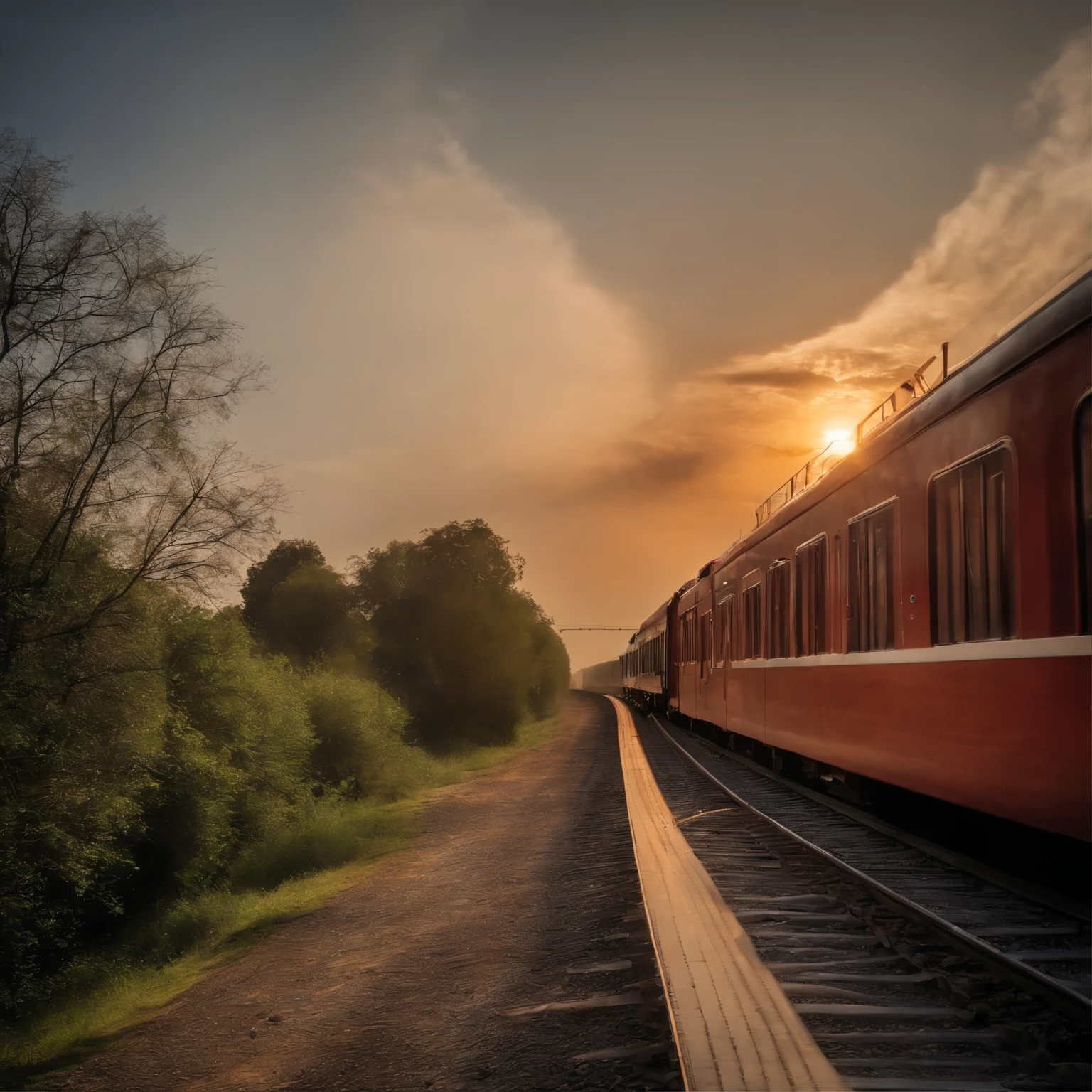 master piece，best quality，movie stills，train，cloud，floating in the sky，close up view，brightened，cheerfulness，Warm and soft lighting，sunset，（spark of light：0.7）