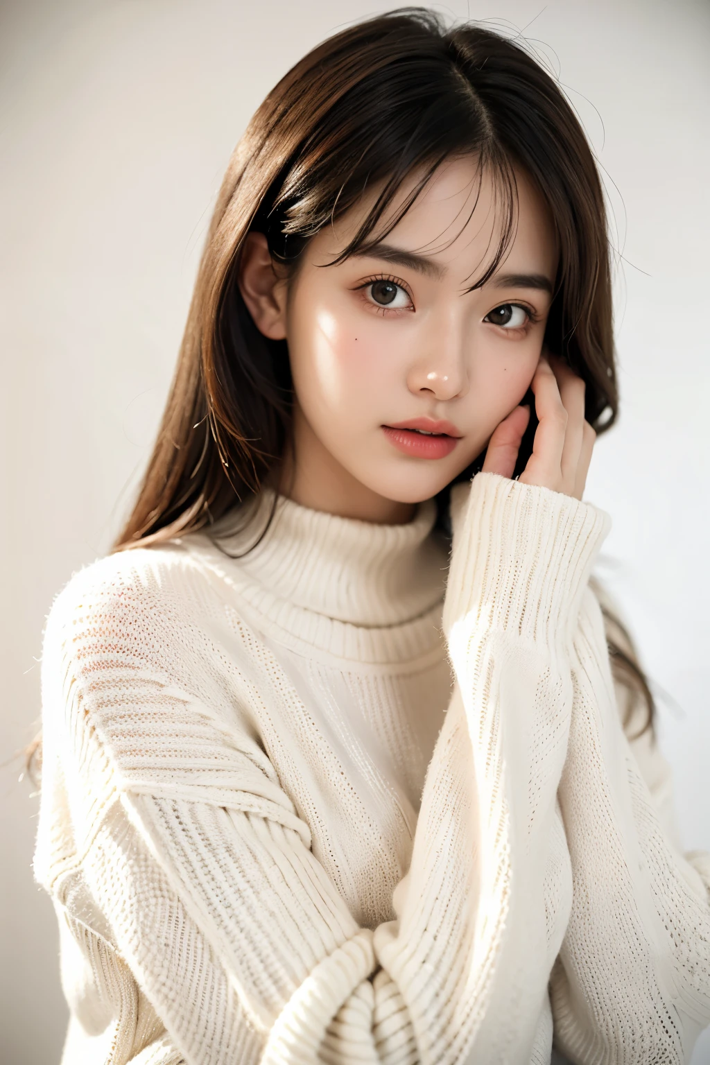 (best quality,realistic),girl wearing a sweater,white background,soft lighting,artistic portrait,neutral colors